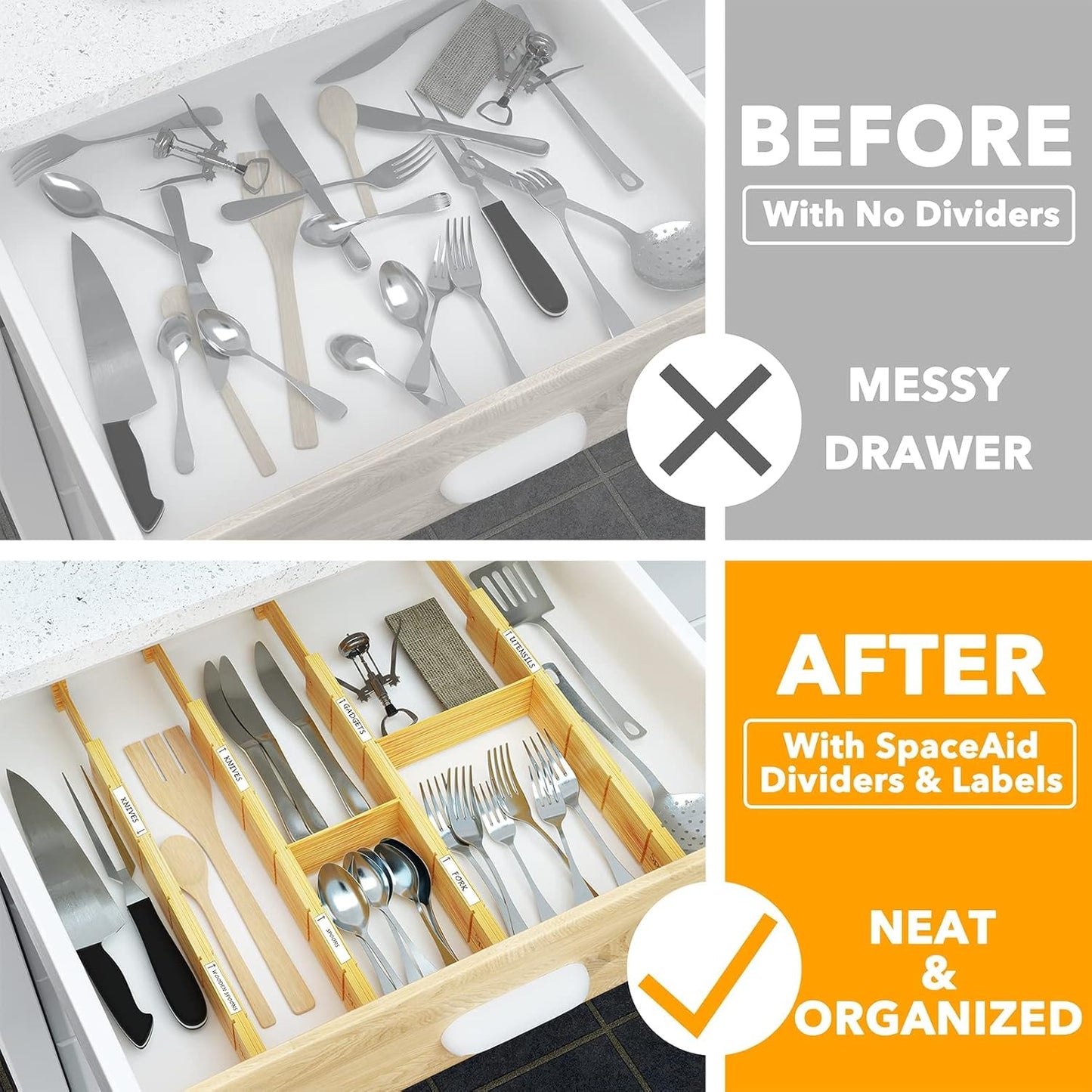 SpaceAid Bamboo Drawer Dividers with Inserts and Labels, Kitchen Adjustable Drawer Organizers, Expandable Organization for Home, Office, Dressers and Bathroom, 6 Dividers with 12 Inserts (13.25-17 in)