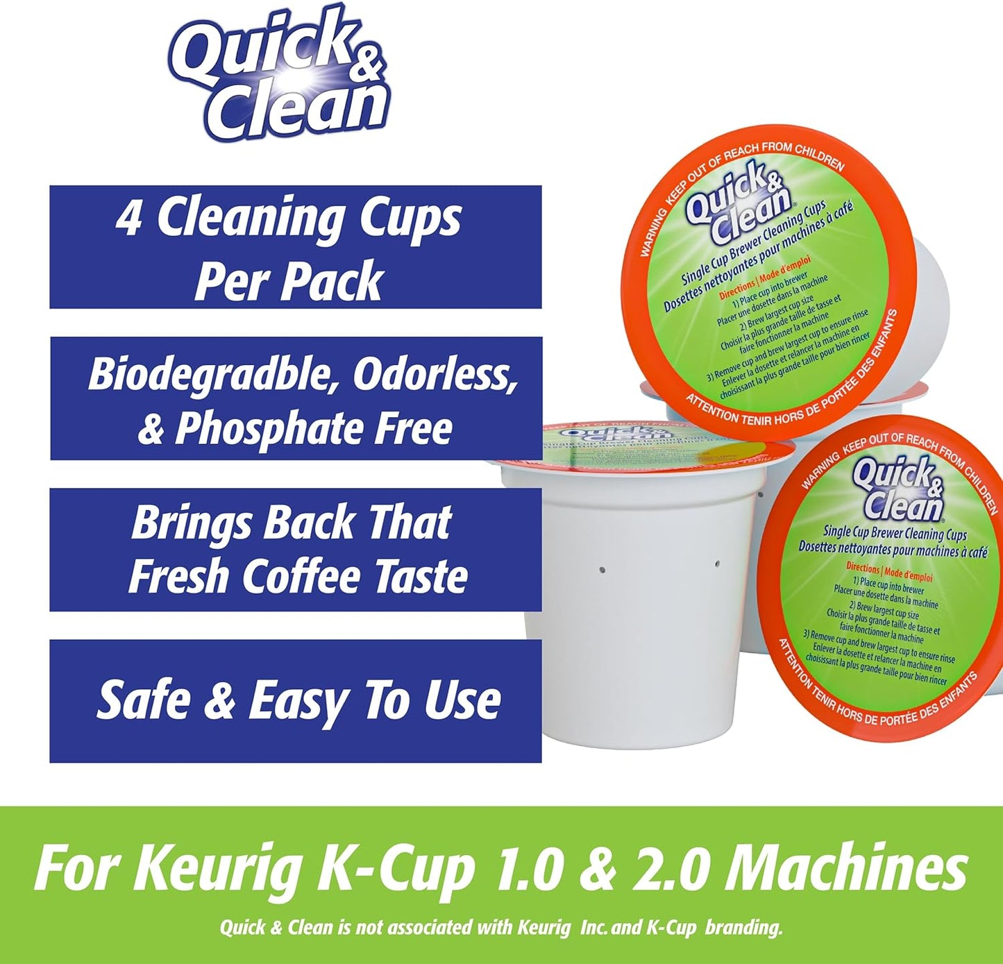 Quick & Clean 4-Pack of Cleaning Cups + 2 Filters with Descaler Bundle (2 Total Uses) - 2.0 Compatible, Descaling Solution for Keurig, Nespresso, Ninja, Delonghi, All Coffee and Espresso Machines…