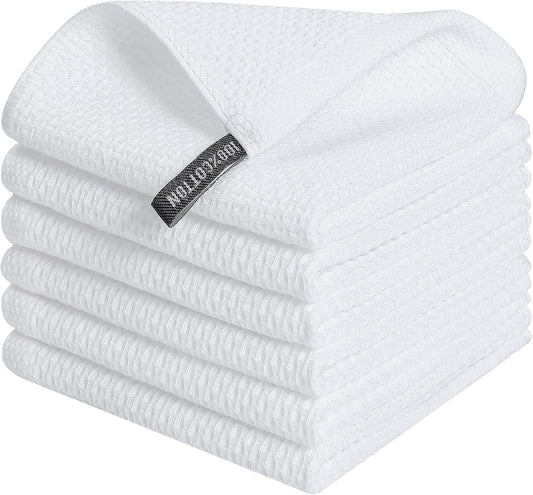 Kitinjoy 100% Cotton Kitchen Dish Cloths, 6 Pack Waffle Weave Dish Towels Ultra Soft Absorbent Quick Drying Dish Rags, 12 X 12 Inches, White