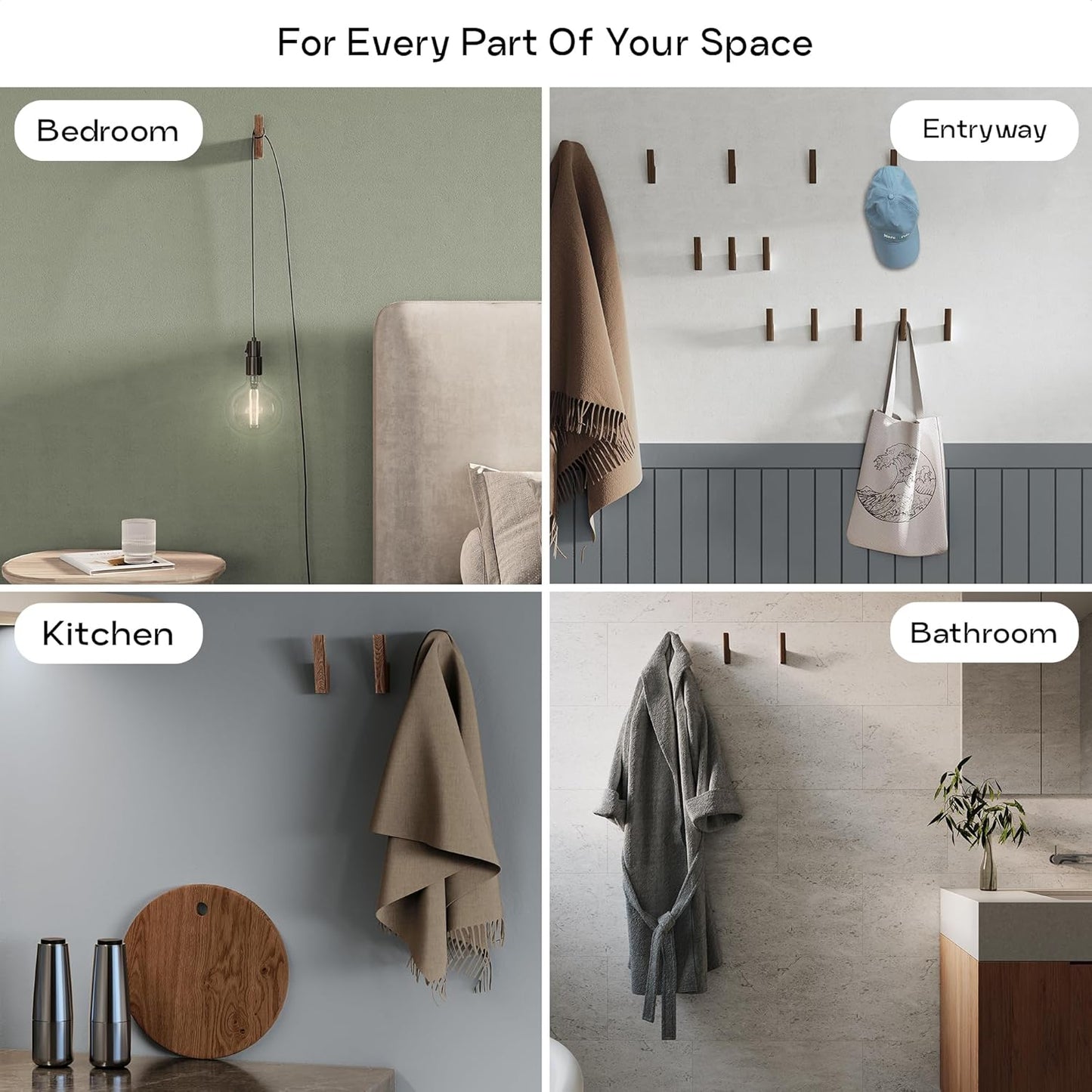 Wall Hooks - Set of 4 - Dark Walnut or Light Ash Wood Coat Hooks for Hanging Hat, Purse, Backpack, Bag, Jacket. Modern Farmhouse Decor for Wall and Practical Entryway Hooks (Walnut Wood)