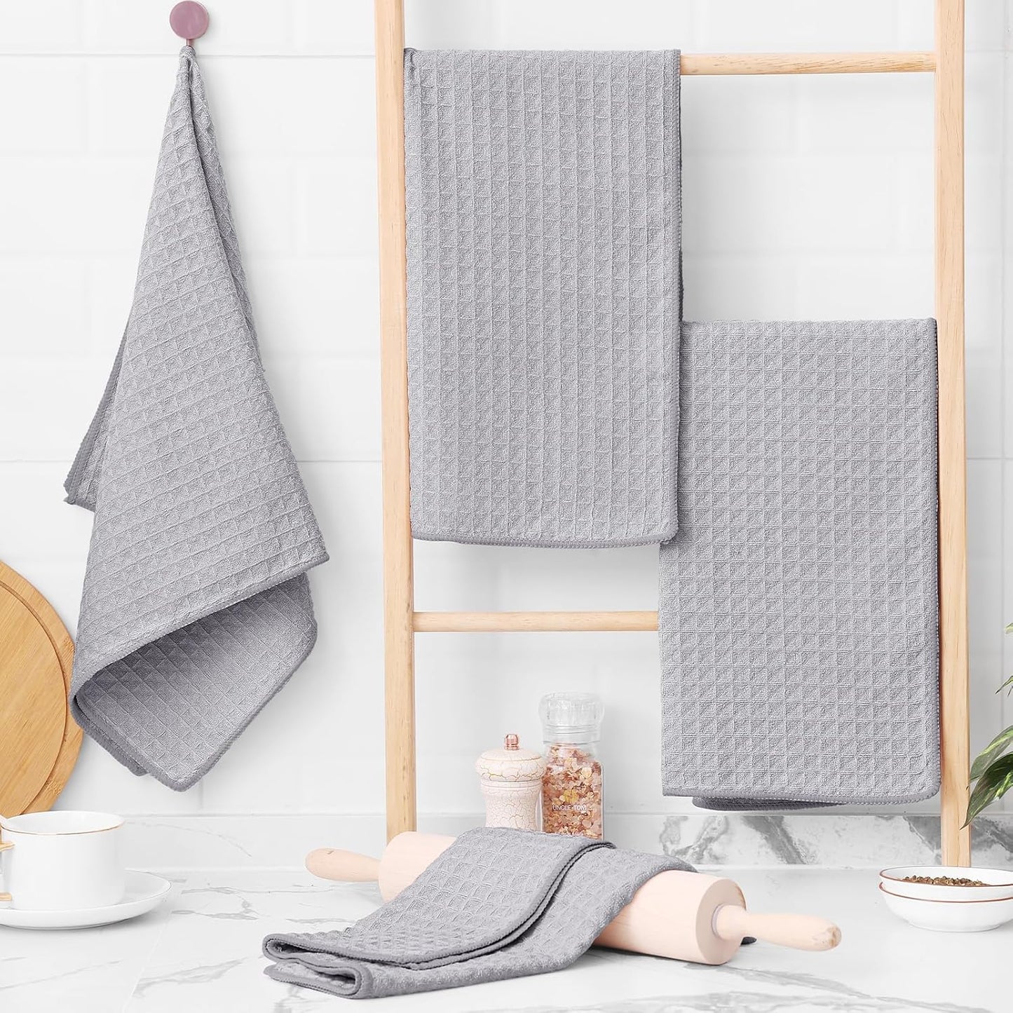 Homaxy Microfiber Waffle Weave Kitchen Towels, 16 x 28 Inch Ultra Absorbent and Solid Color Dish Towels, 8 Pack, Grey