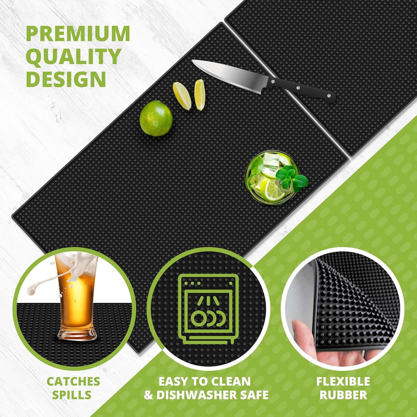 Bar Mat Set (2 Pack, 18"x12") - Non-Slip Rubber Mats for Countertop, Bartending, Home Bar - Durable, Easy Clean Drip, Spill, Drink Mat - Alternative to Silicone, Coffee Bar Mats