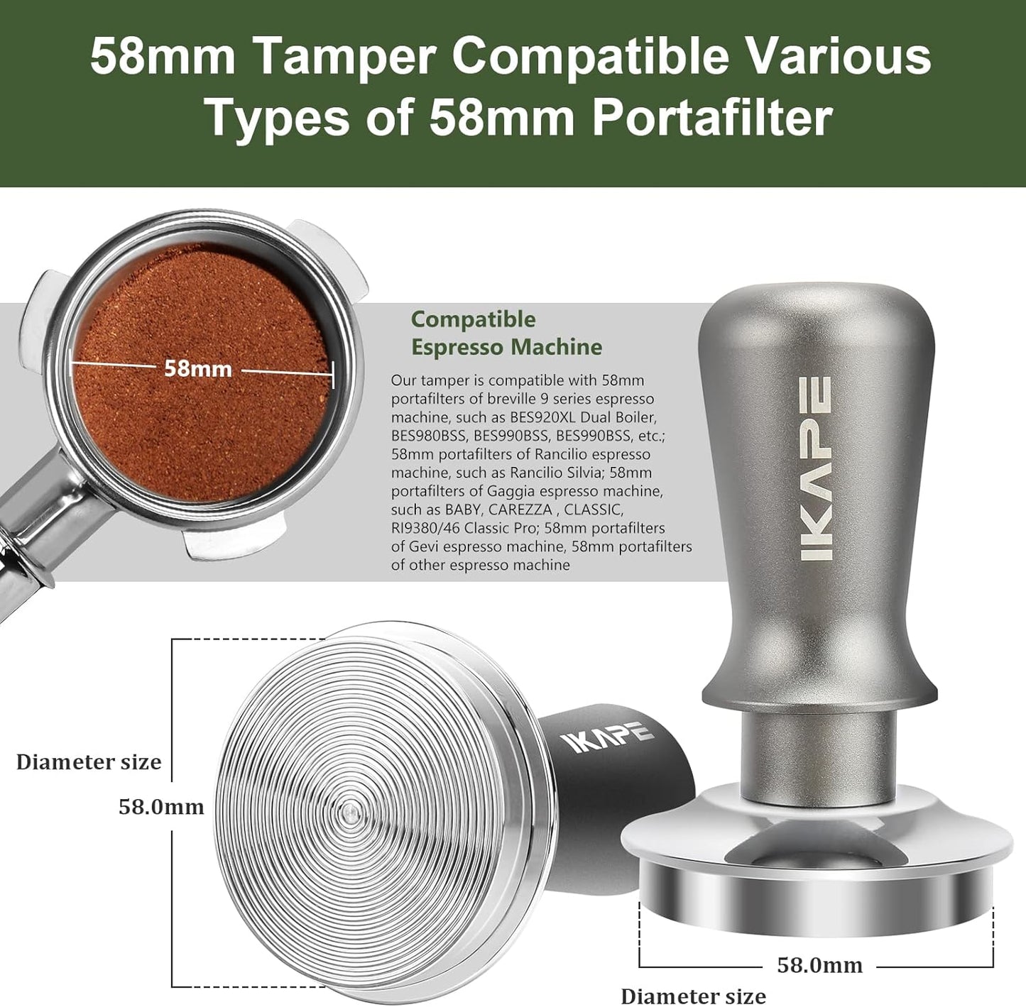 IKAPE 58.5mm Espresso Tamper, Premium Barista Coffee Tamper with Calibrated Spring Loaded, 100% Stainless Steel Base Tamper Compatible with Espresso Machine Rancilio, Gaggia Bottomless Portafilter