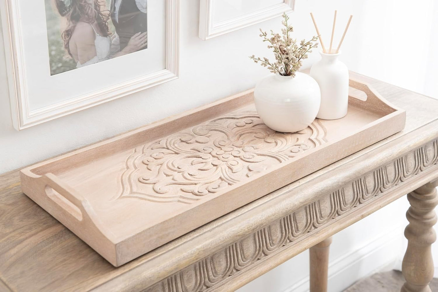 Kate and Laurel Adhira Carved Decorative Rectangle Tray, 24 x 10, Natural Wood, Traditional Display Tray with Handles and Hand Carved Wooden Pattern