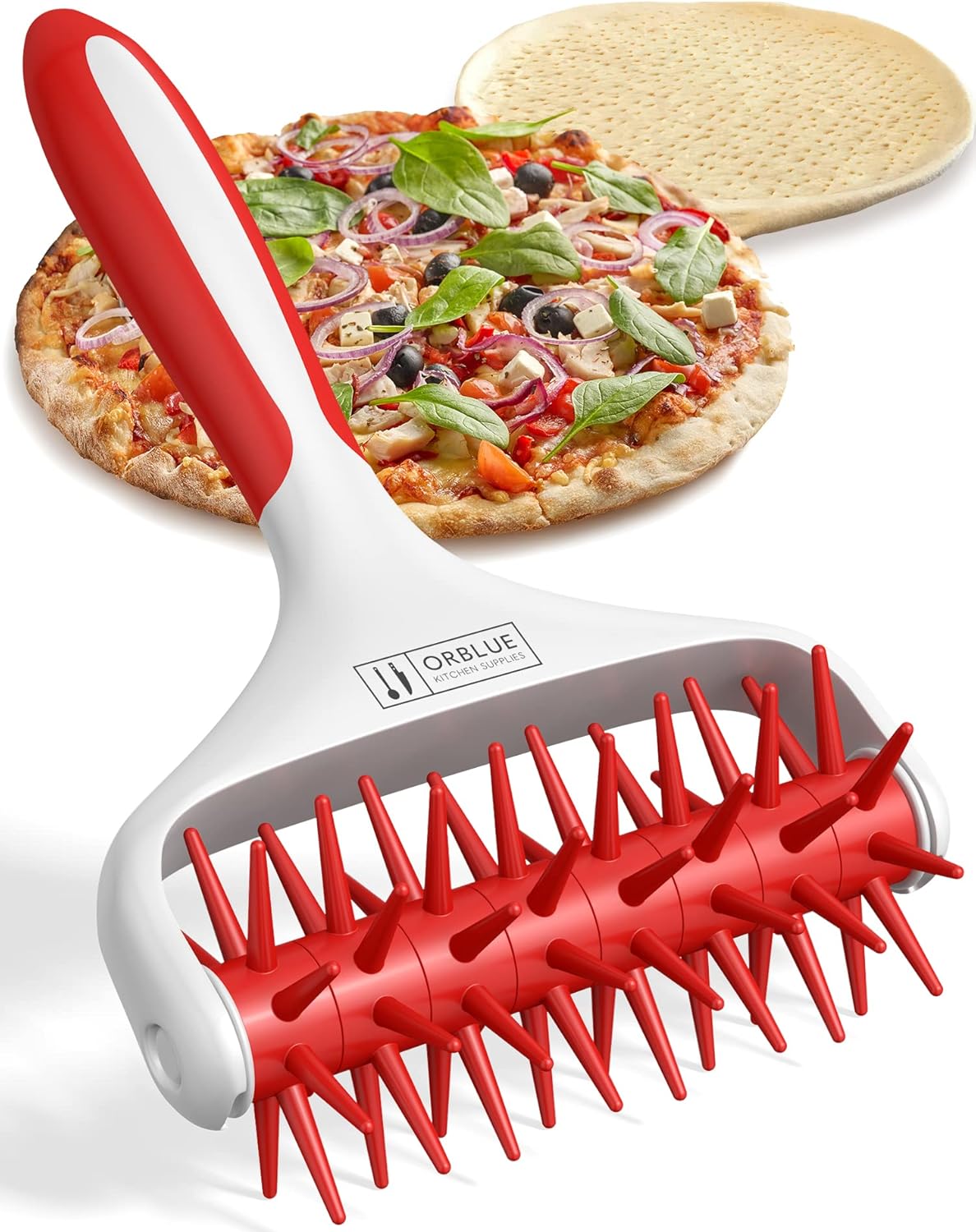 Orblue Pizza Dough Docker, Pastry Roller with Spikes, Pizza Docking Tool for Home & Commercial Kitchen - Pizza Making Accessories that Prevent Dough from Blistering, Red