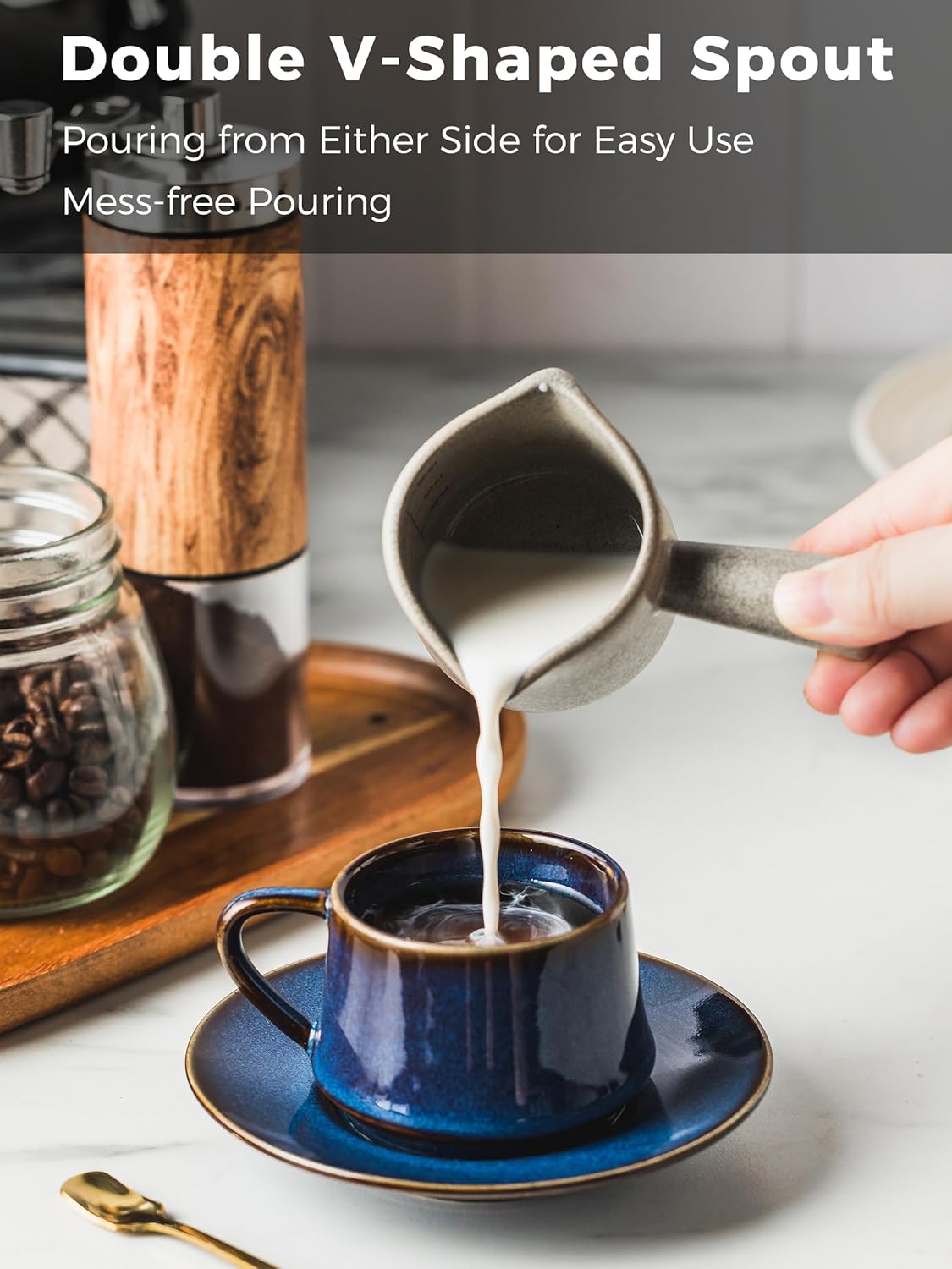 Measuring Cups Ceramic, Double Spouts Espresso Cup with Handle, Coffee Measuring Cups, Espresso Shot Milk Cup Pitcher 90 Ml, Gray