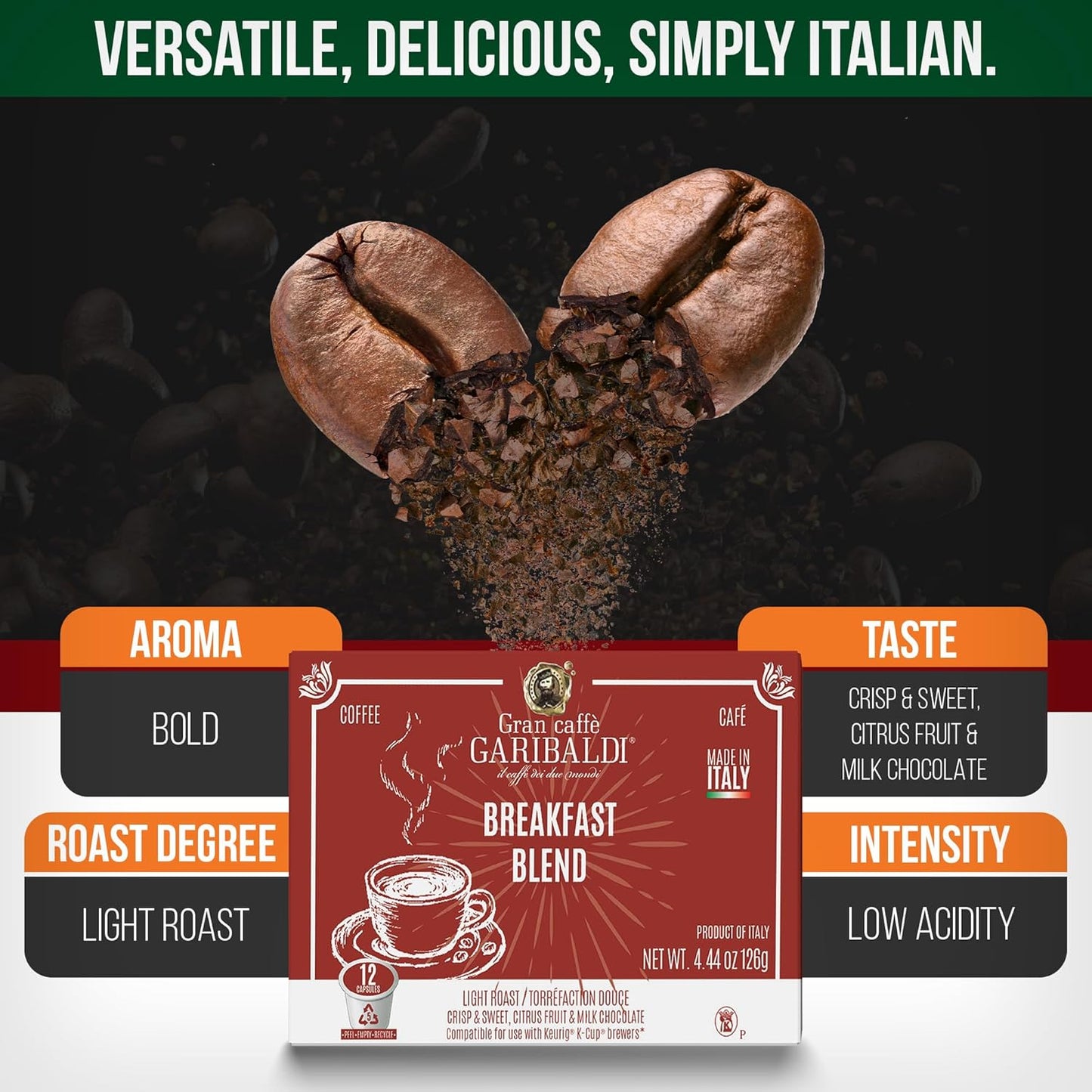 Caffè Garibaldi Breakfast Blend Coffee Pods, Single-Serve Capsules for Keurig K-Cup Brewers, Single Serve Cups with 100% Arabica Blend, 12 Count Recyclable Coffee Pods - Light Roast