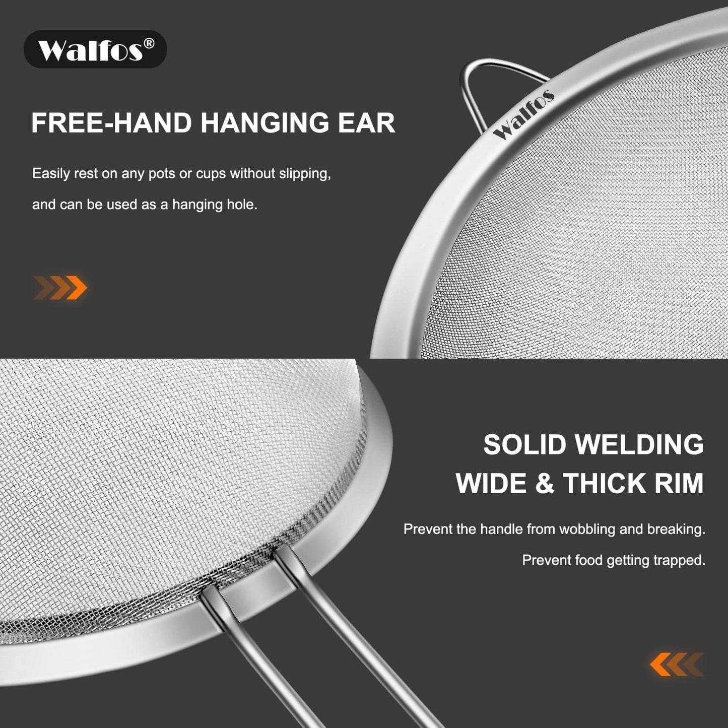 Walfos 4.7 Inch Fine Mesh Strainer, Premium Stainless Steel Colanders and Sifters, with Reinforced Frame and Sturdy Handle, Perfect for Sift, Strain, Drain and Rinse Vegetables, Pastas and Tea