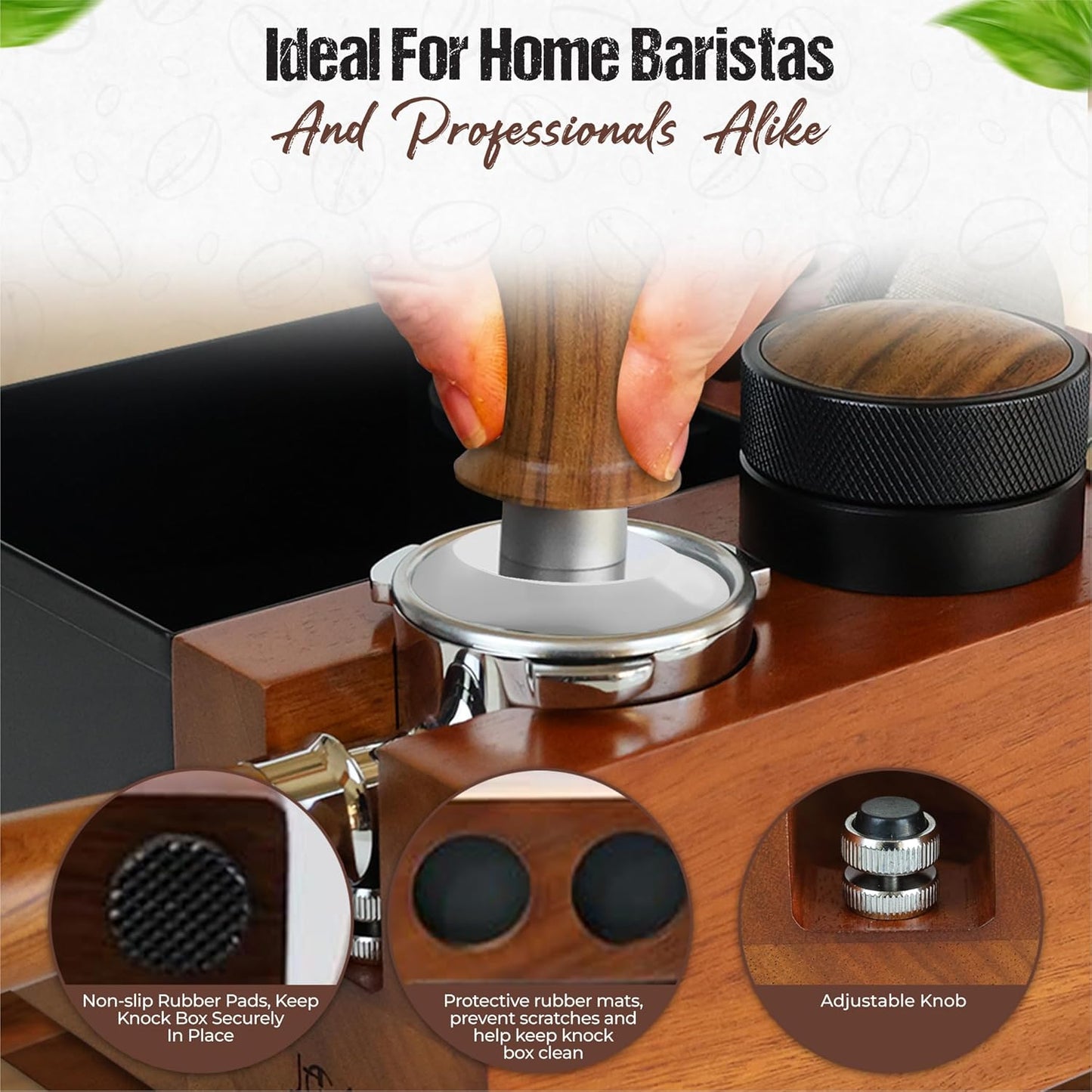 Espresso Knock Box & Tamping Station - Coffee Organizer Box for 51-54mm Tamper, Distributor, Dosing Funnel, Portafilter & Puck Screen Accessories - Includes Cleaning Brush