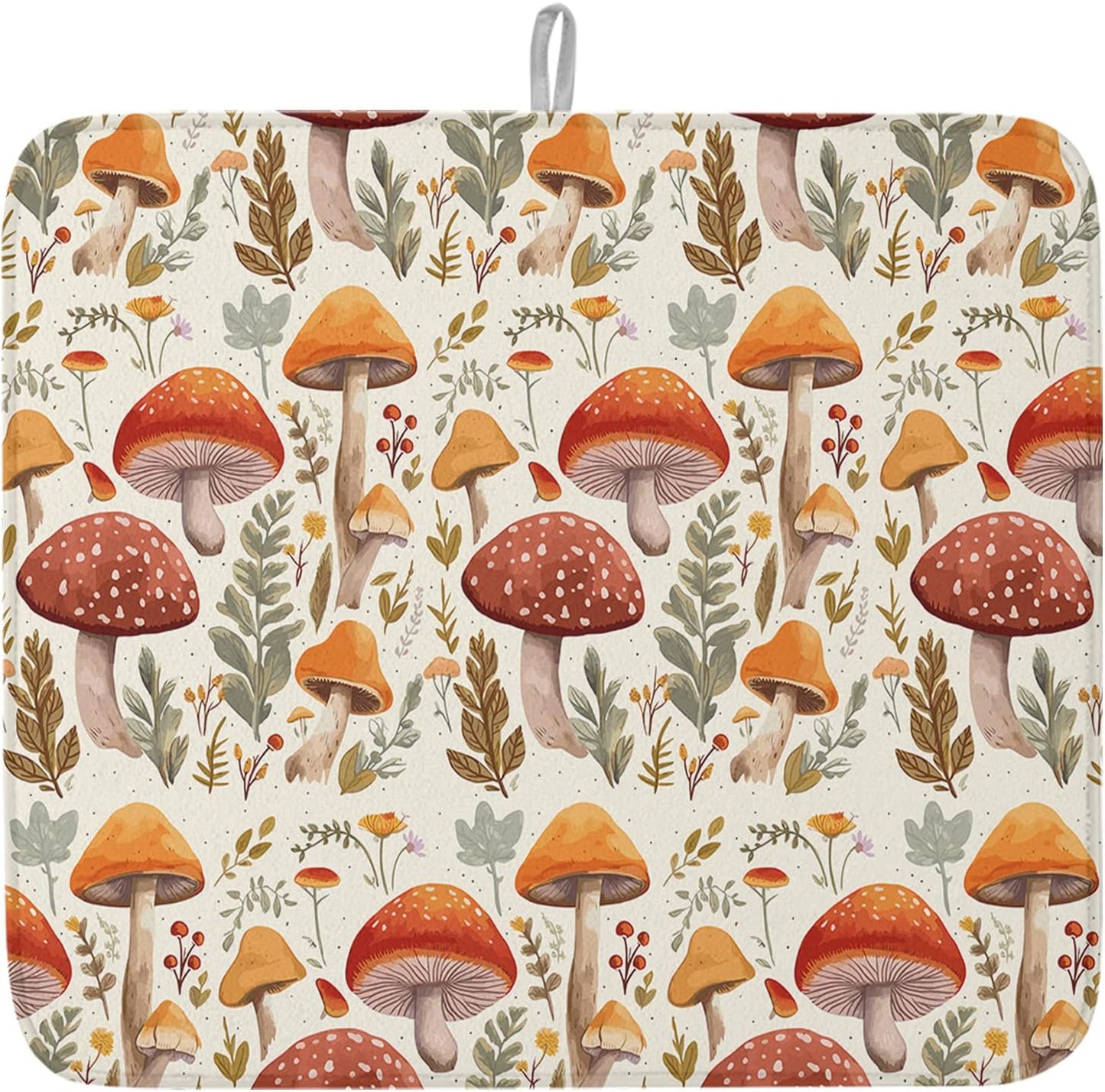 Fall Dish Drying Mat for Kitchen Counter Mushroom Drying Pad Absorbent Drying Mats for Countertops Sinks Draining Racks Autumn Plant Leaves Drainer Holiday Harvest Thanksgiving Decorations 18x24