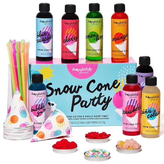 Thoughtfully Gourmet, Snow Cone Party Gift Set, Includes Ingredients for 20 Snow Cones, 8 Flavored Syrups, Toppings, and Paper Cups, Set of 20