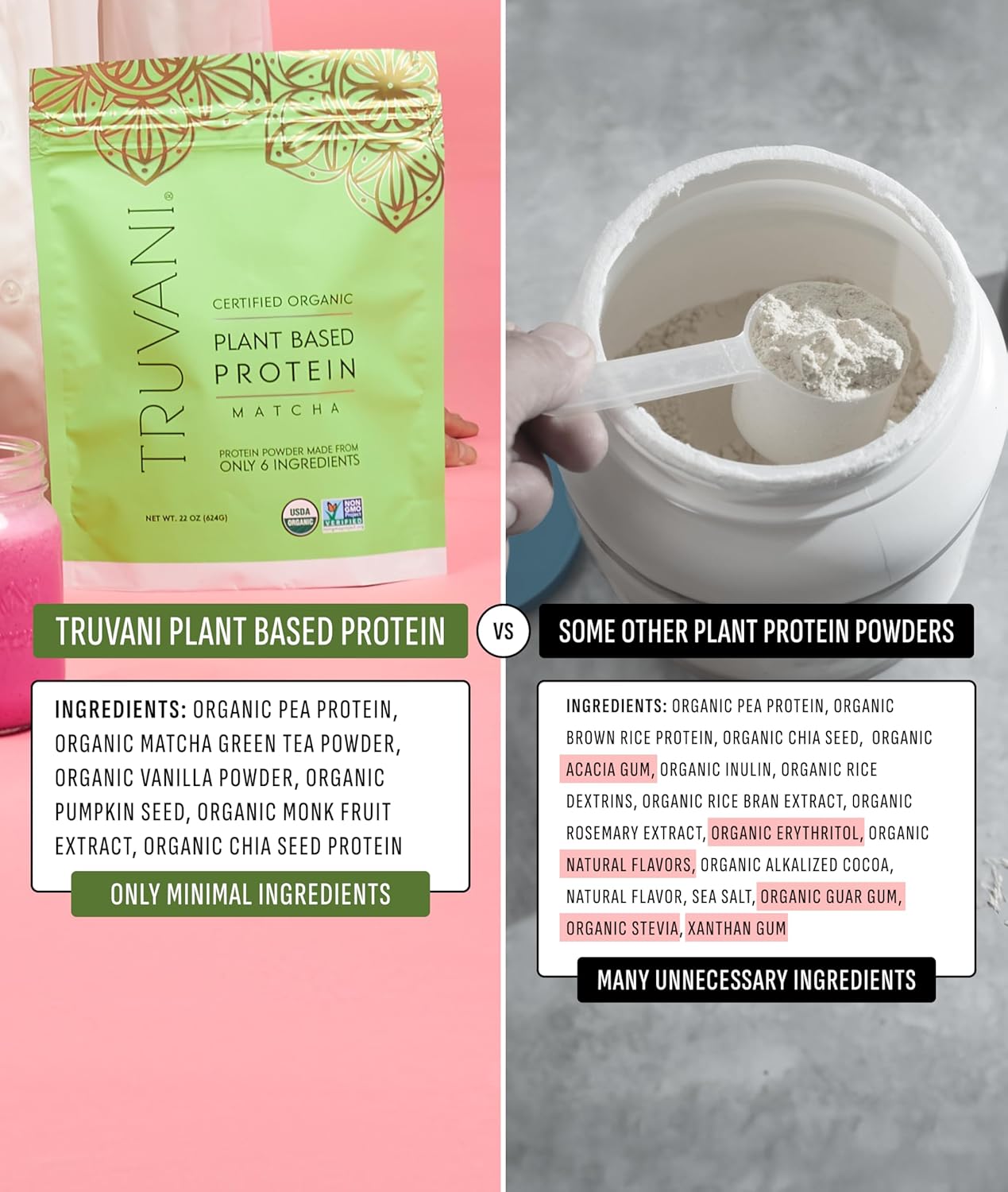Truvani Vegan Pea Protein Powder | Matcha | 20g Organic Plant Based Protein | 1 Serving | Keto | Gluten & Dairy Free | Low Carb | No Added Sugar