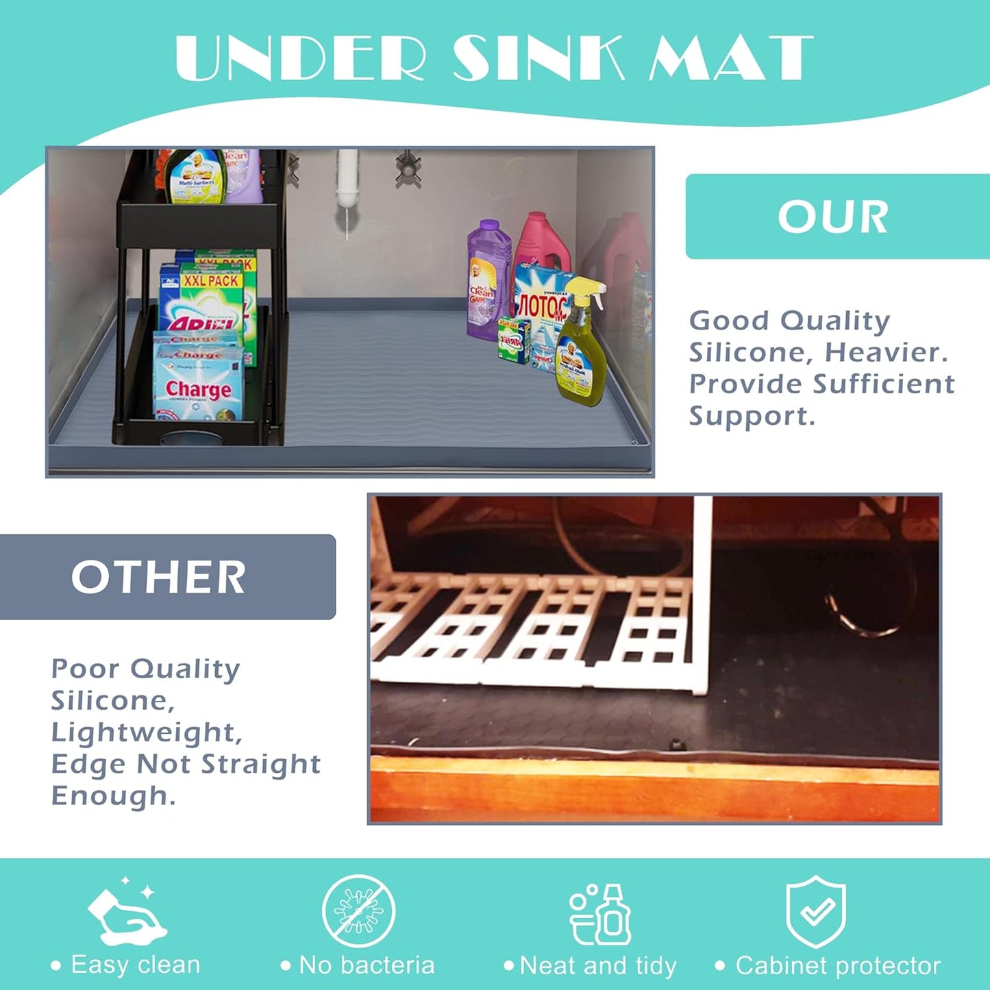 URMONA Waterproof Silicone Under Sink Mat 37'' x 22'' Shelf Liner for Kitchen and Bathroom, Cabinet and Counter Protector, Storage and Organizers, Litter Mat, Pet Cat Puppy Essentials(Cream)