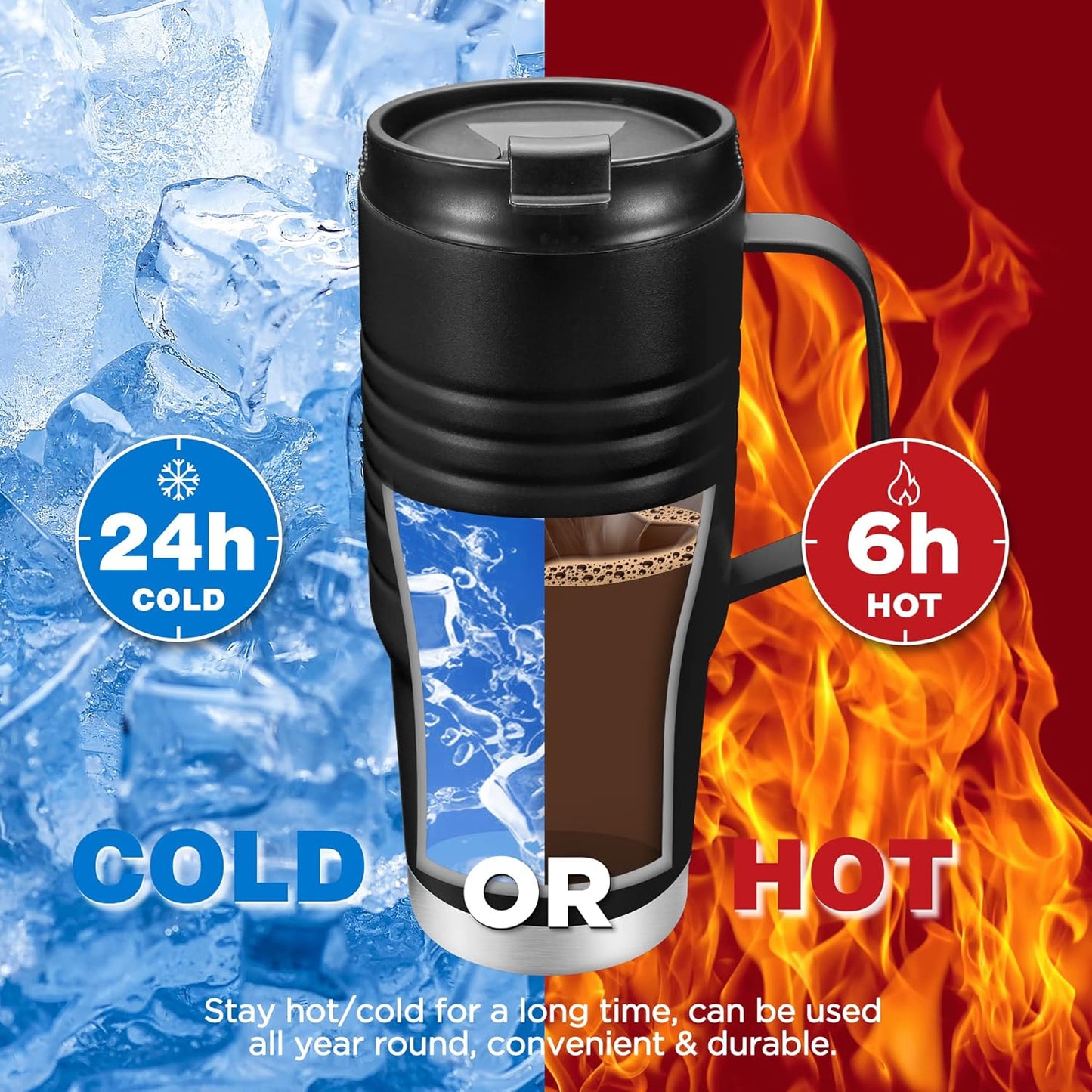 HAUSHOF 24 oz Travel Mug with Handle, Stainless Steel Vacuum Insulated, Double Wall with Leakproof Lid, BPA Free