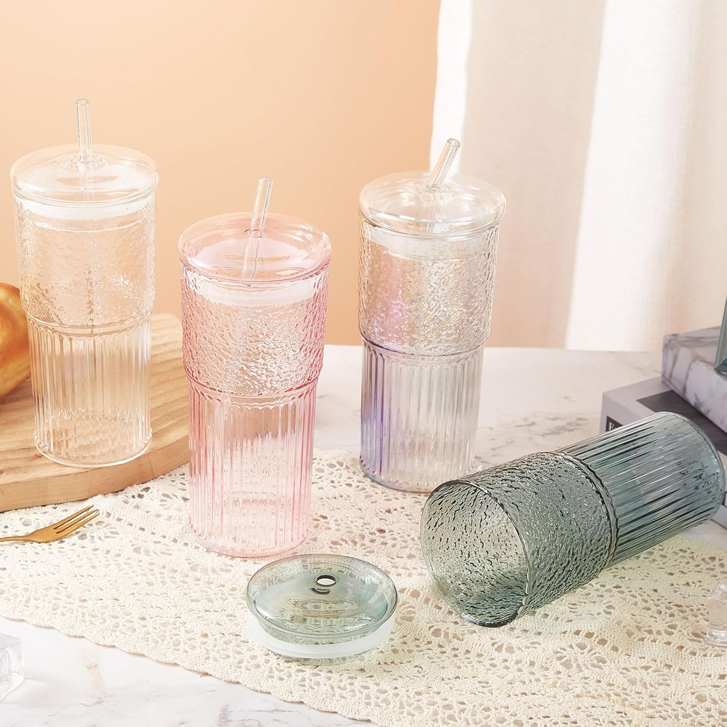 GOSCHE Glass Coffee Cups with Lids and Straws, 20oz Drinking Jar Glass Tumbler for Iced Coffee, Vintage Ripple Glassware Smoothie Cups, Pink, 2Pcs