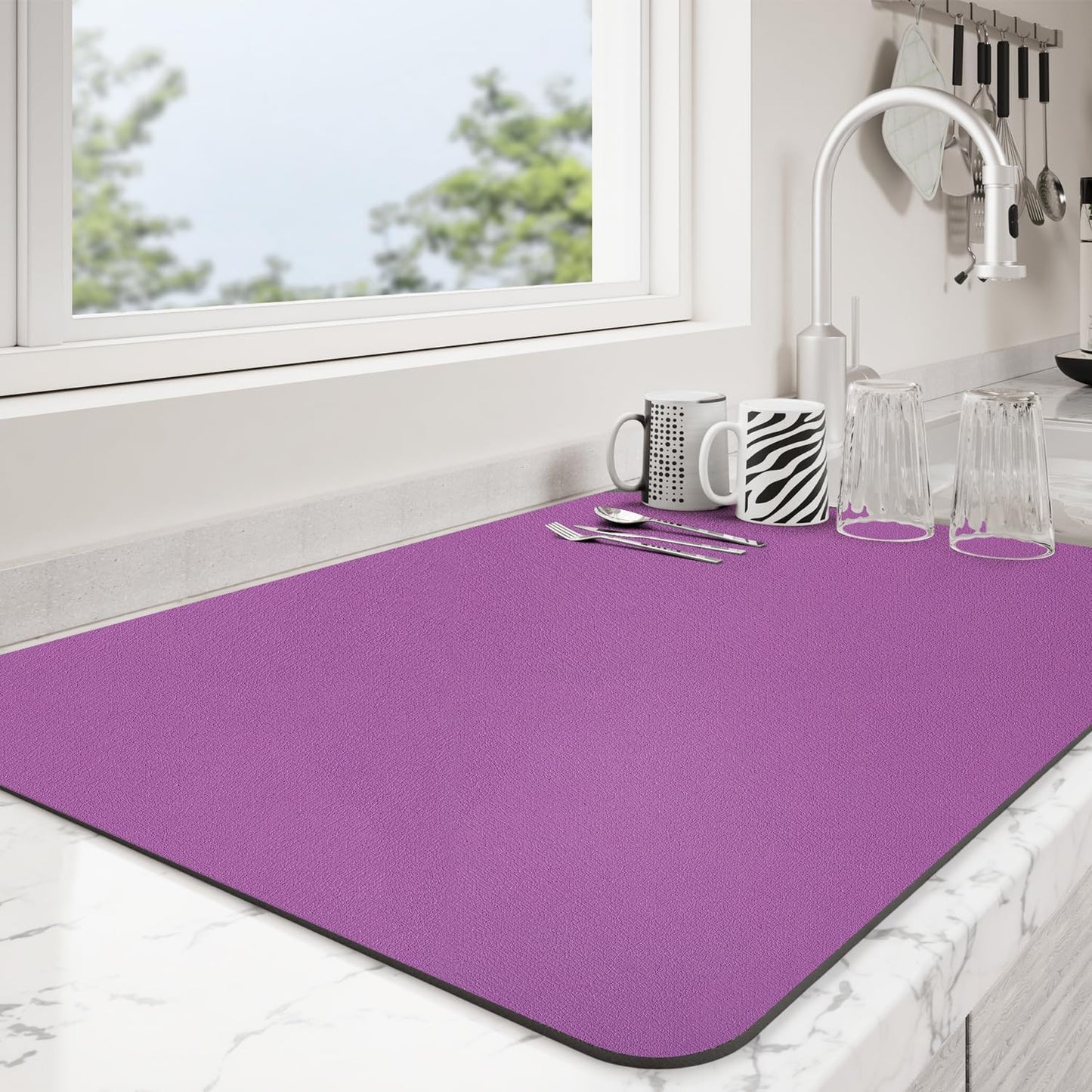Dish Drying Mat for Kitchen Counter | Coffee Bar Mat for Countertops | Heat Resistant Drainer Mat with Non-slip Rubber Backed | Hide Stain Kitchen Absorbent Draining Mat | Purple 16"x20"