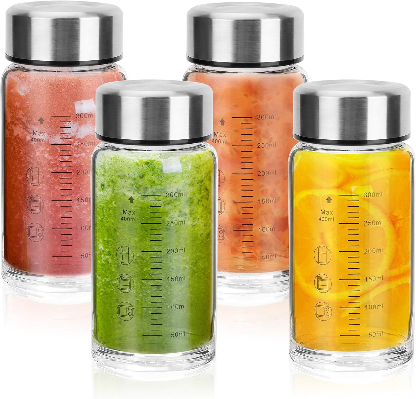 souG 4 Pack 14oz Juice Bottles，Wide Mouth Glass Water Bottles with Lids - for Juicing, Smoothies, Milk, Protein, BPA Free, Reusable, Stainless Steel Lids, Leak Proof, Shaker bottle (14oz/400ml)