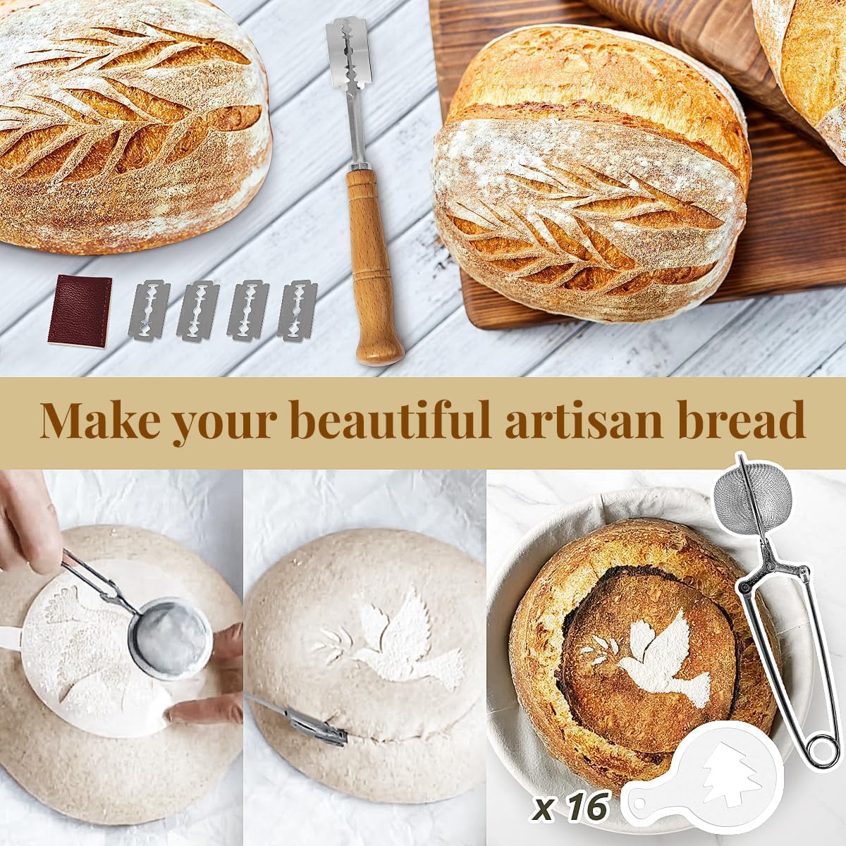 10 Inch Oval Banneton Bread Proofing Basket Sourdough Starter Kit, Sourdough Bread Baking Supplies with Bread Lame, Sling, Spatula, Scraper, Dough Whisk