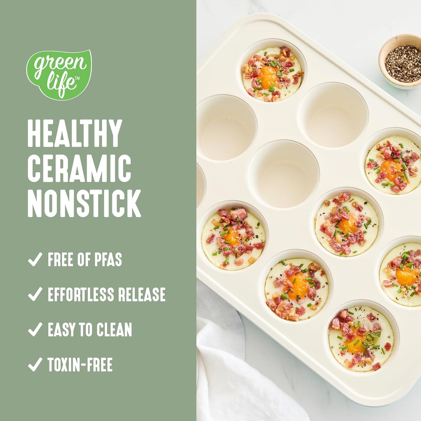 GreenLife 12-Cup Muffin Pan, Healthy Ceramic Nonstick Bakeware, PFOA & PFAS-Free Cupcake Tray, Durable Baking Pan, Versatile Kitchen Essential, Easy Clean Muffin Mold, Nonstick Baking Sheet, Sage