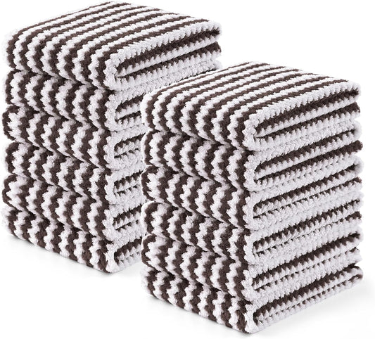 Homaxy Kitchen Towels(12 Pack, 10 x 20 inches), Ultra Soft and Absorbent Dish Towels, Reusable Fast Drying Microfiber Cleaning Cloth, Coral Velvet Wave Design No-lint, Brown