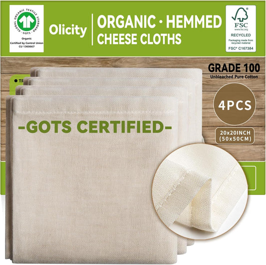 Organic Cheese Cloths, GOTS Certified, 4PCS, Grade 100,20x20Inch Hemmed Cheese Cloth Fabric Reusable Fine Mesh Cloth, 100% Cotton Unbleached Muslin Cheesecloth for Straining, Cooking, Butter,Tea,Tofu