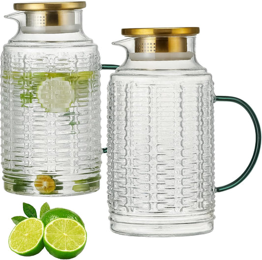 Glass Pitcher with Lid, 2 PACK 84 oz/2.5 Liter Vintage Water Pitcher, Clear Borosilicate Glass Water Carafe for Cold Brew, Coffee, Lemonade, Iced Tea,Beverage, Heat Resistant Water Glass Jug