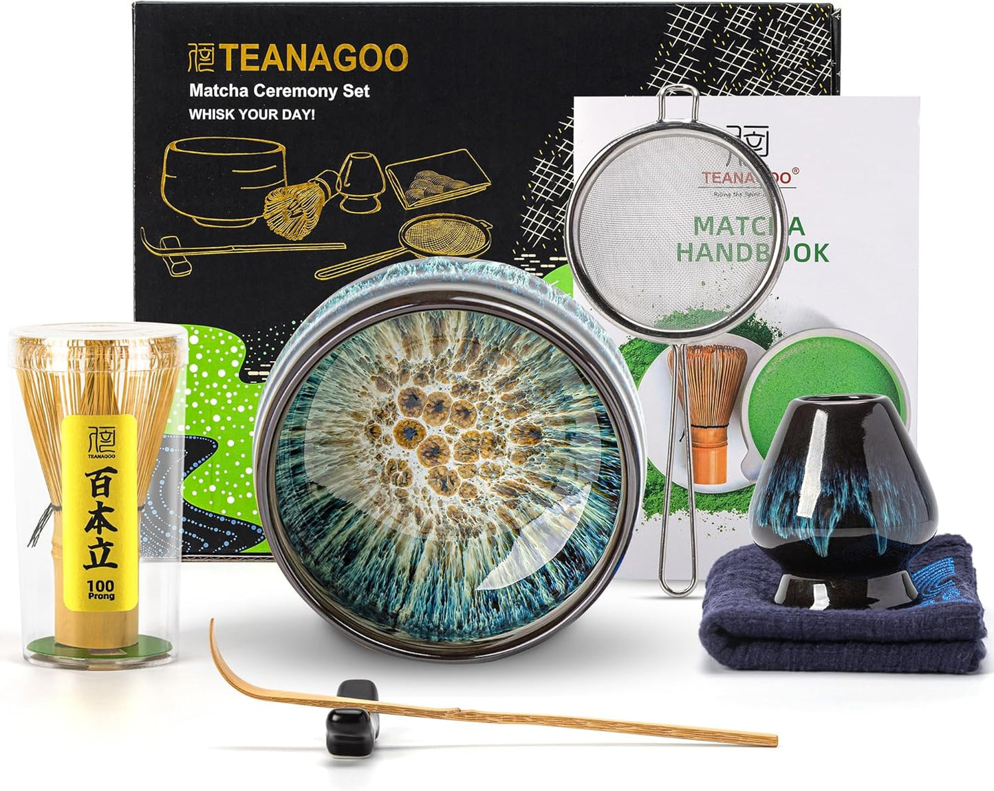 TEANAGOO Matcha Whisk Set, 7 Pcs Matcha Set with Holder/Scoop/Sifter, Matcha Kit for Ceremony, Tradition Tea Set for Making Breakfast/Latte, Matcha Whisk Set and Ceramic Bowl, Gift for Friend/Family