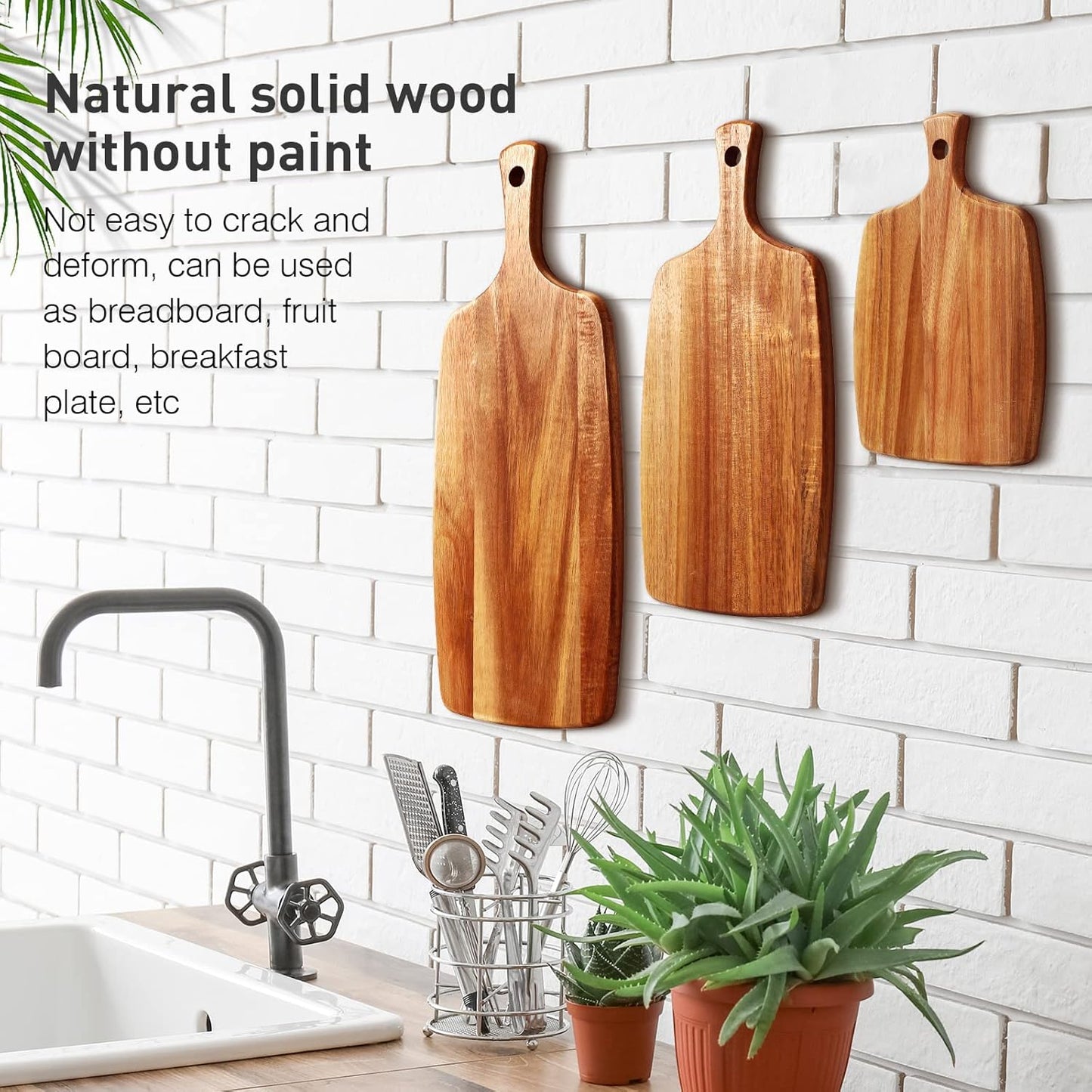 Kathfly 3 Pcs Acacia Wood Cutting Board with Handle Wooden Laser Kitchen Serving Charcuterie Board for Vegetables Meat Pizza Cheese Fruit Bread(17x7, 14x7, 10x7 Inch)