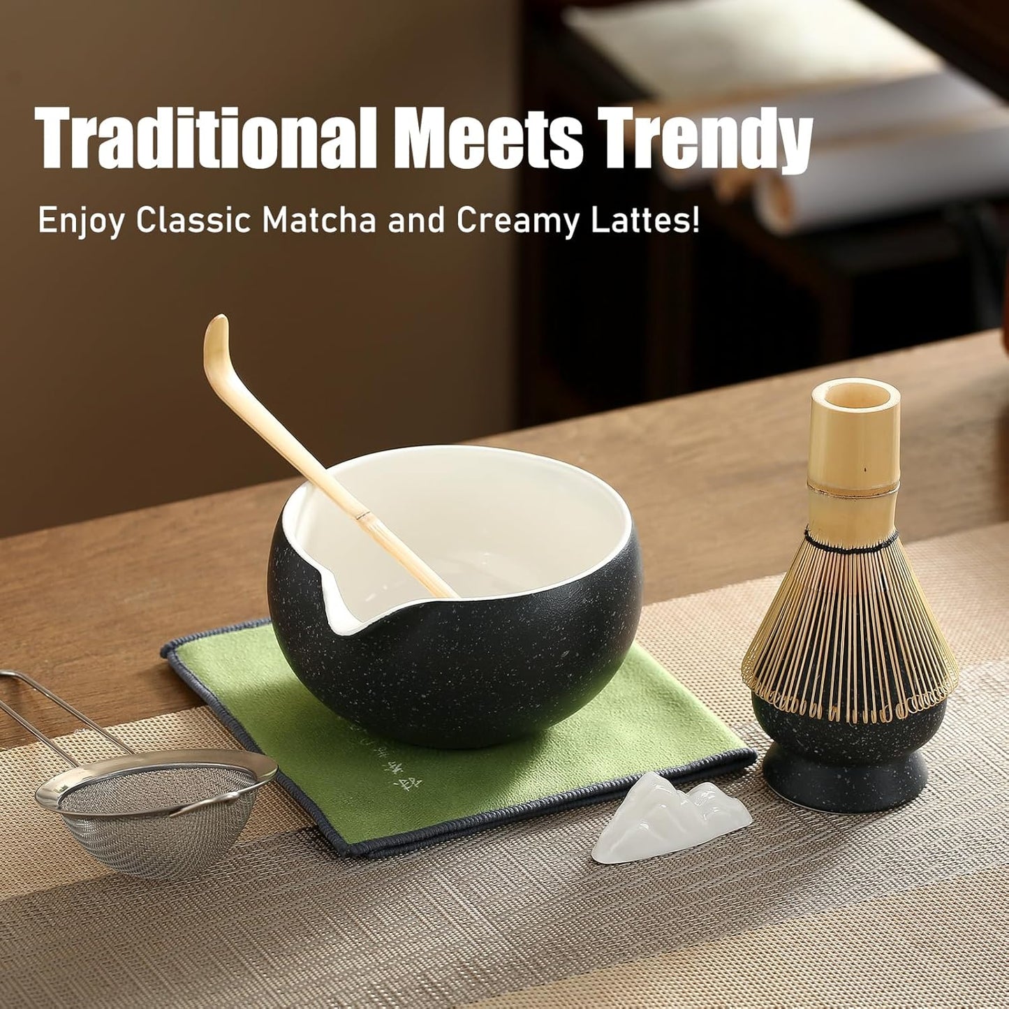 Matcha Whisk Set, Ceramic Matcha Set with Spout, Matcha Bowl Kit with Sifter, Whisk and Holder, Bamboo Scoop, Scoop Rest, Tea Towel, 7 Pcs Matcha Kit Set for Making Breakfast/Latte for Matcha Lovers