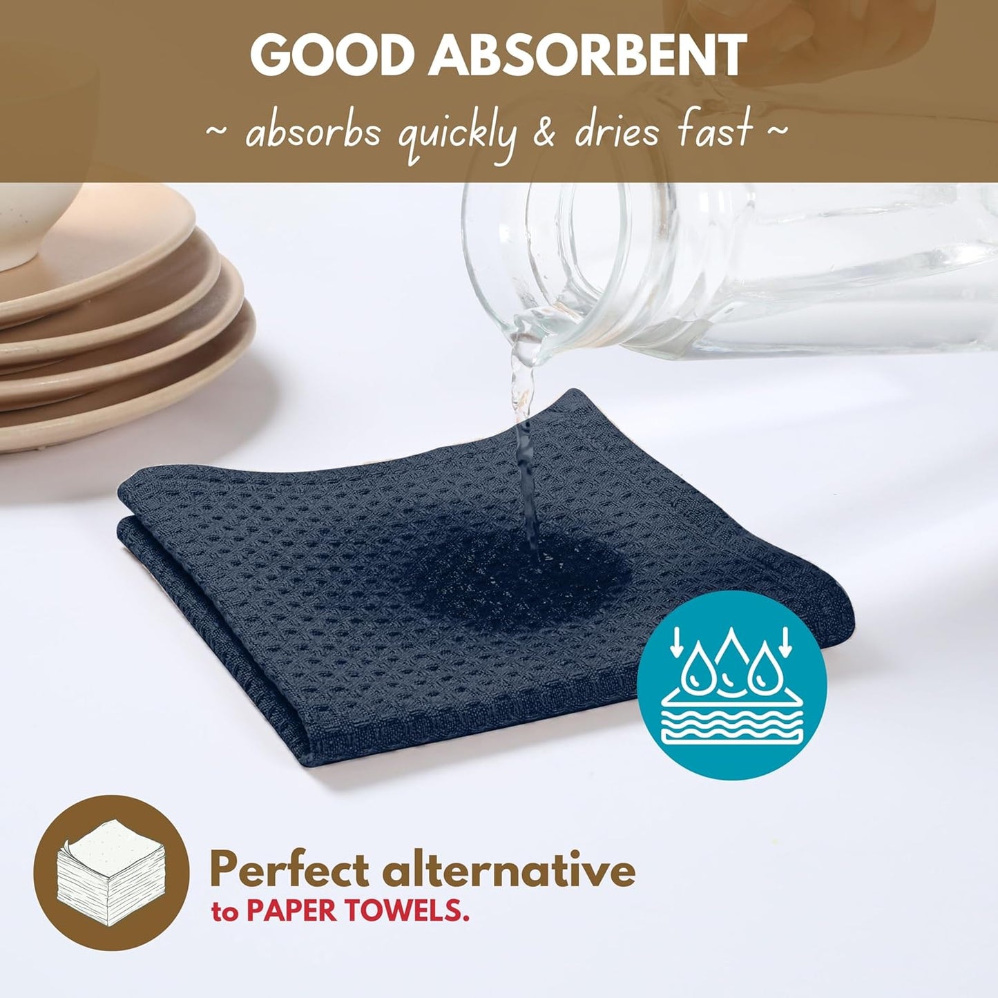 Native Fab 6 Pack Waffle Dish Cloths - 100% Cotton, Absorbent, Quick Drying & Soft Towels for Cleaning, Cooking & Baking - Ideal for Home, Restaurants & Cafes - 12x12 Inches - Navy Blue