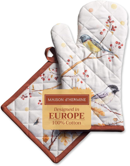 Maison d' Hermine 100% Cotton Oven Mitt & Pot Holder Set (7.5"x13" & 8"x8") Heat Resistant BBQ Cooking Gloves with Loop, Baking, Grilling, Kitchen, Handling Hot Pans (Oak Leaves)