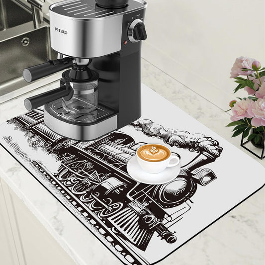 Retro Steam Train Dish Drying Mat for Kitchen Counter Bar Mat Hide Stain Absorbent Rubber Backed Coffee Mat Maker Espresso Machine Bar Accessories 15.7 x 23.6 Inch