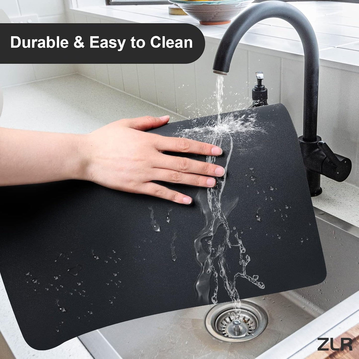 ZLR Coffee Mat - 16" x 24" Extra Large Kitchen Hide Stain Absorbent Dish Drying Mat for Countertop - Easy to Clean Coffee Bar Mat for Espresso Machine and Spill Protection - Black