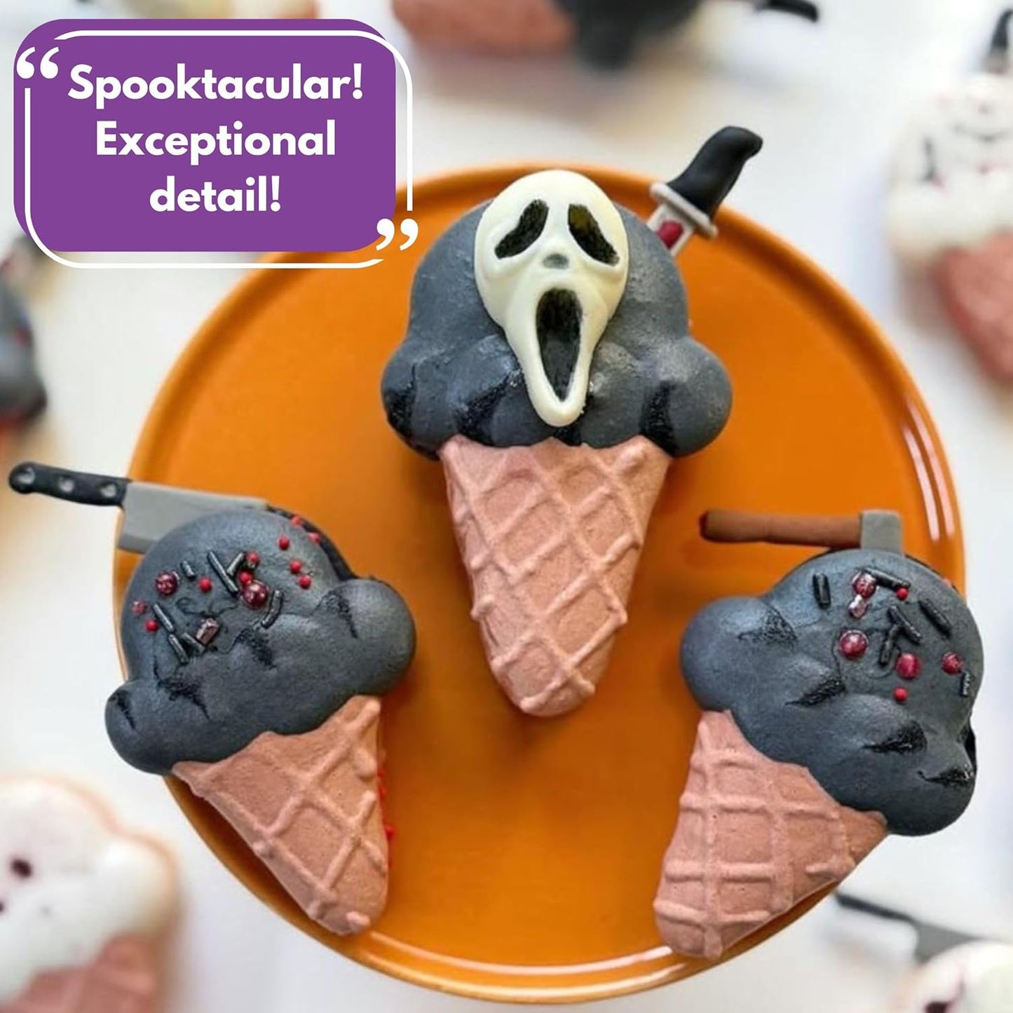 ShapedIceMolds Horror Movie Character Molds – Halloween Silicone Molds for Chocolate, Candy, Resin, Crafts – 3D Scary Film Icons for Party Treats & DIY Decor (Orange)