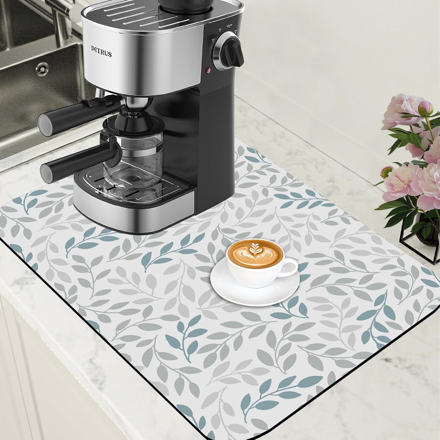 Grey and Blue Leaves Branches Dish Drying Mat for Kitchen Counter Bar Mat Hide Stain Absorbent Rubber Backed 15.7 x 23.6 Inch