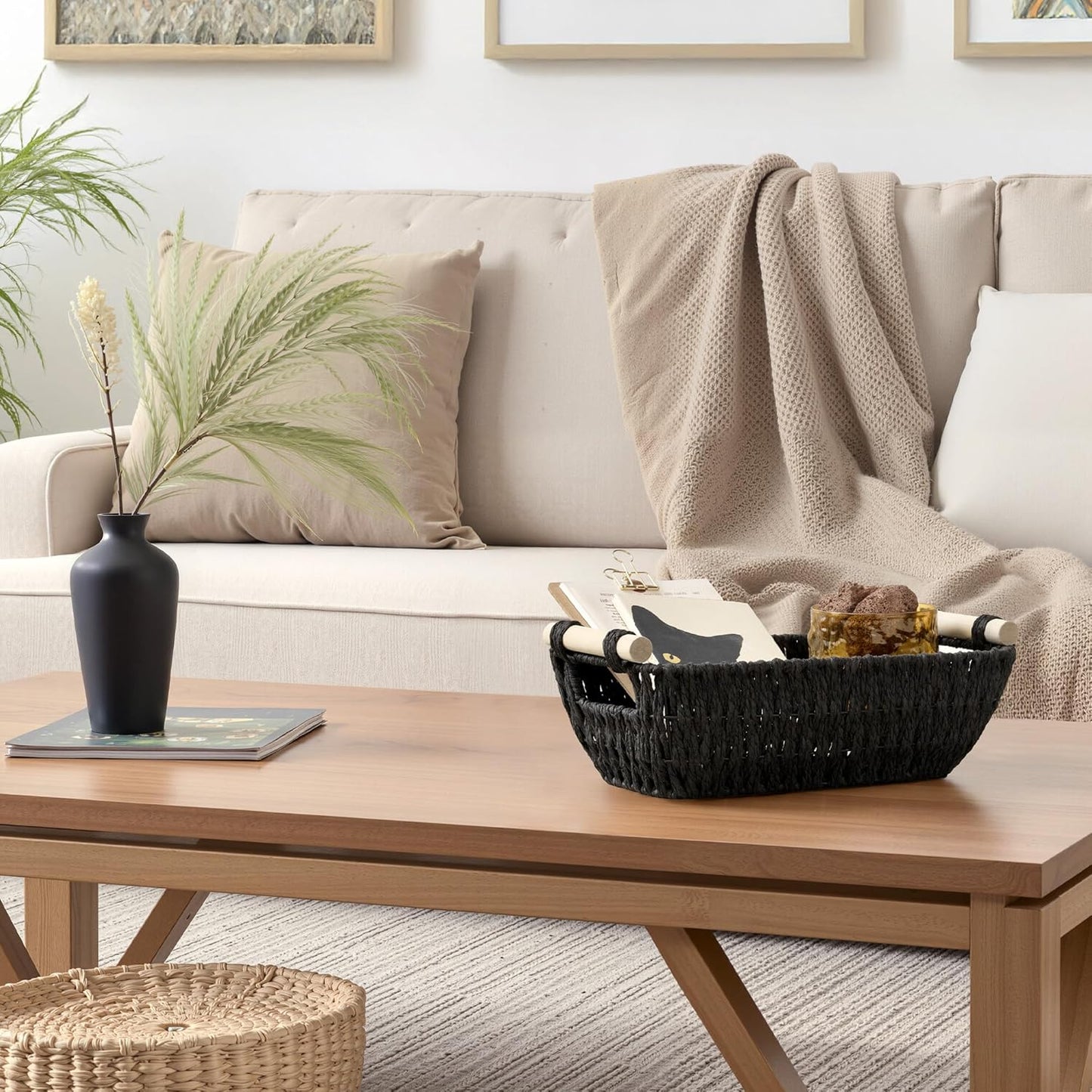 StorageWorks Black Wicker Storage Basket for Organizing with Wooden Handles, Small Woven Basket for Bathroom, Toilet Paper, 2-Pack