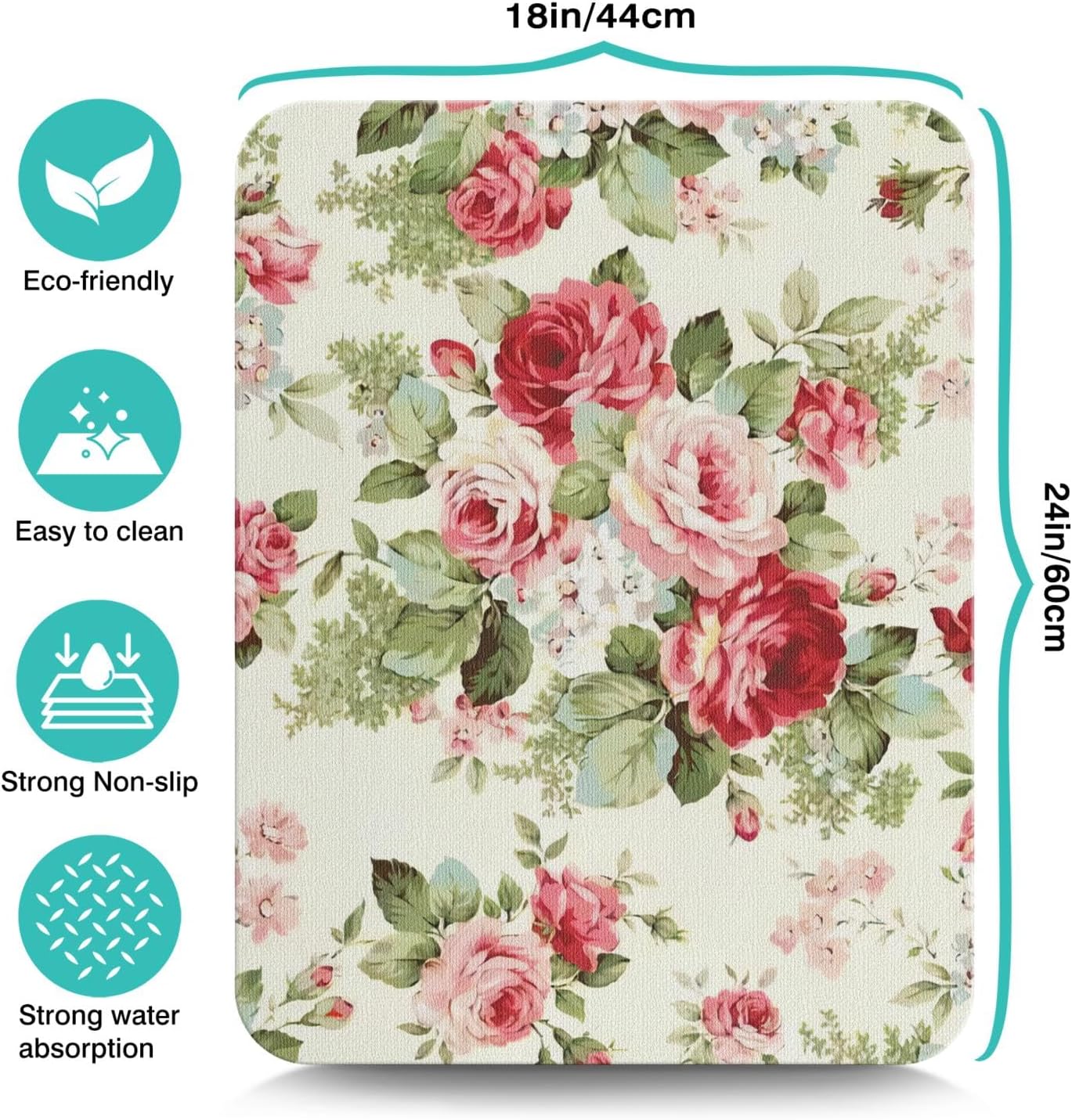 Rubber Dish Drying Mat for Kitchen Counter Large Red Roses Floral Washable Quick Home Coffee Pad Fit Under Sink,Bar,Utensils or Stemware (24x18in)