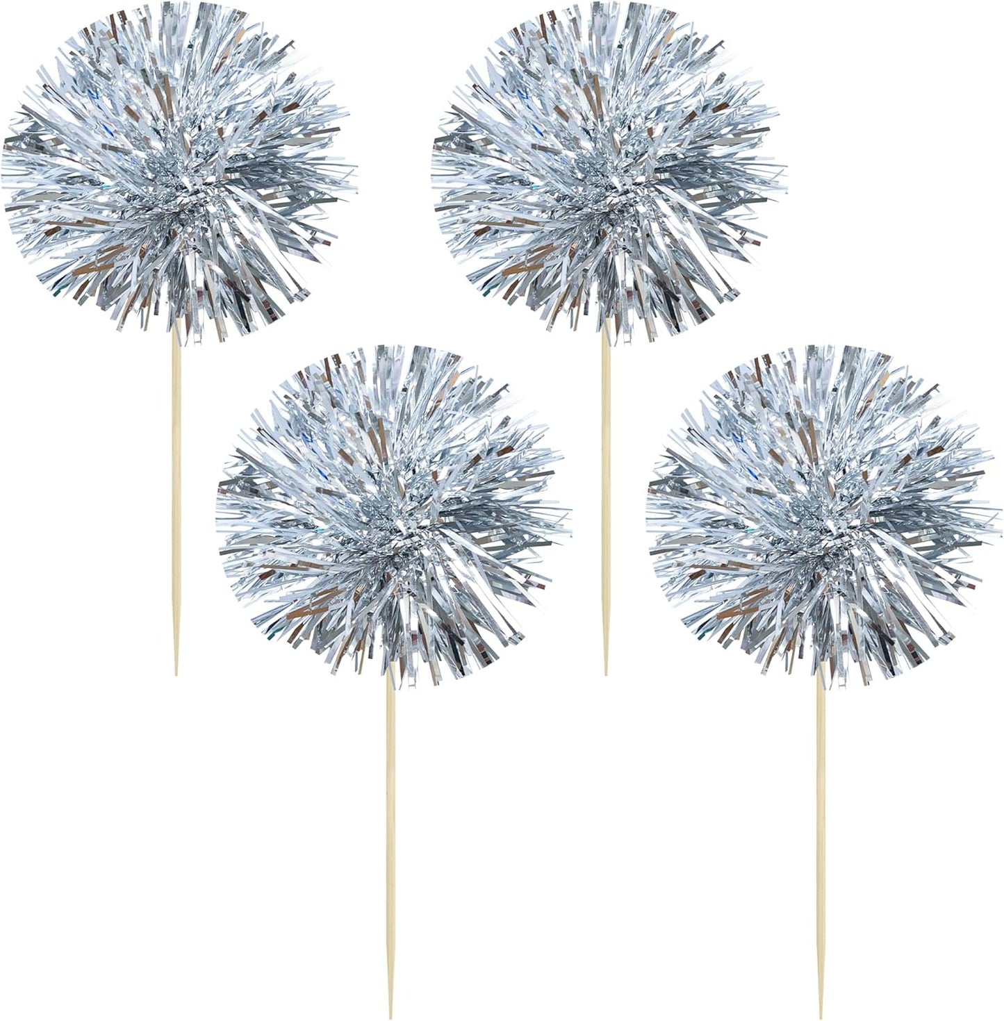 Gyufise 30Pcs Foil Firework Cupcake Toppers Sparkle Tinsel Cake Toppers Tinsel Drink Cake Decoration Cocktail Picks for Birthday Wedding Graduation Party Supplies Dark Silver