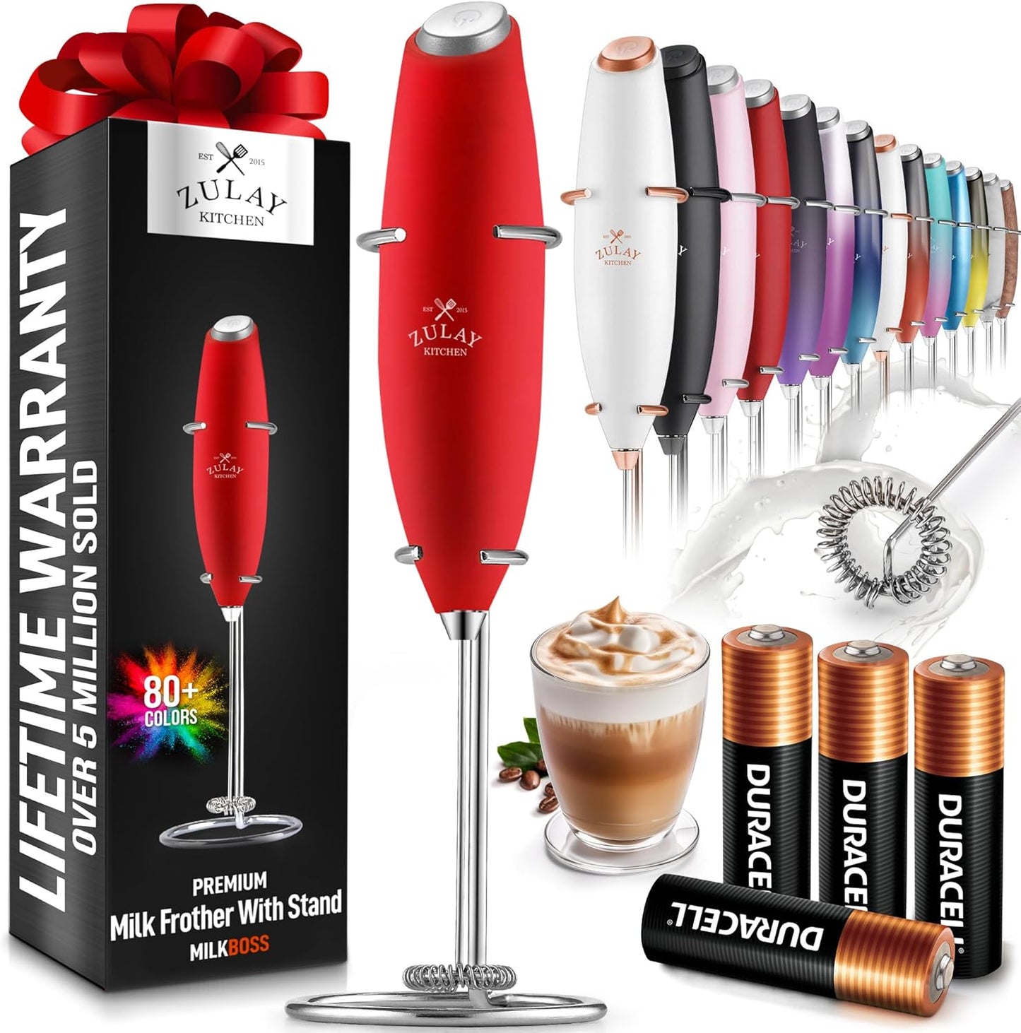 Zulay Kitchen Powerful Milk Frother Wand With 4 AA Duracell Batteries - Ultra Fast Handheld Drink Mixer - Electric Whisk Foam Maker for Coffee, Lattes, Cappuccino, Matcha & Creamer -