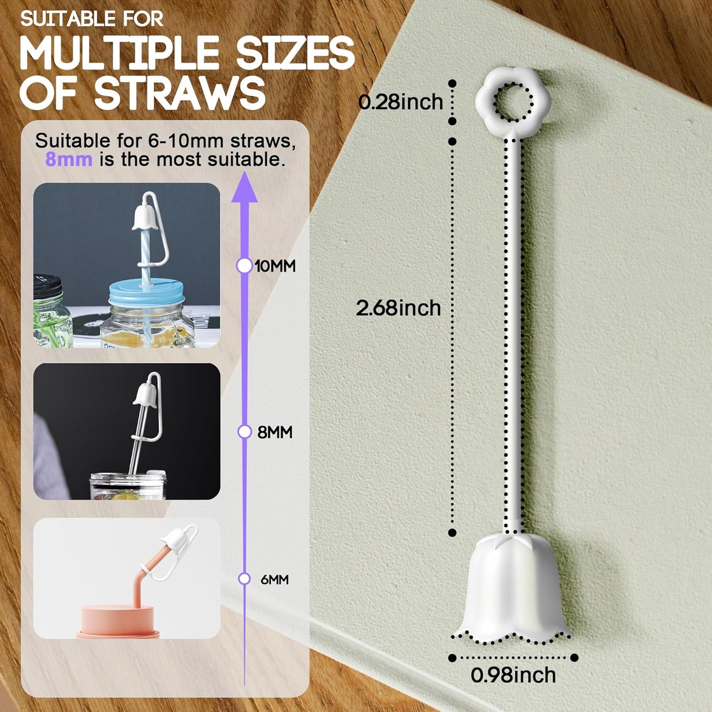 9Pcs Silicone Straw Covers for Stanley Yeti Tumbler Cup, Reusable Drinking Straw Cap Easy to Clean, Dust-Proof Flower Straw Topper Compatible for 6-10m/0.23-0.4inch Straws(White)