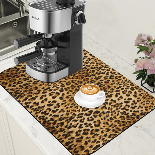 Leopard Print Dish Drying Mat for Kitchen Counter Hide Stain Absorbent Drying Rack Pad Rubber Backed Coffee Mat Espresso Machine Coffee Bar Accessories 15.7 x 23.6 Inch