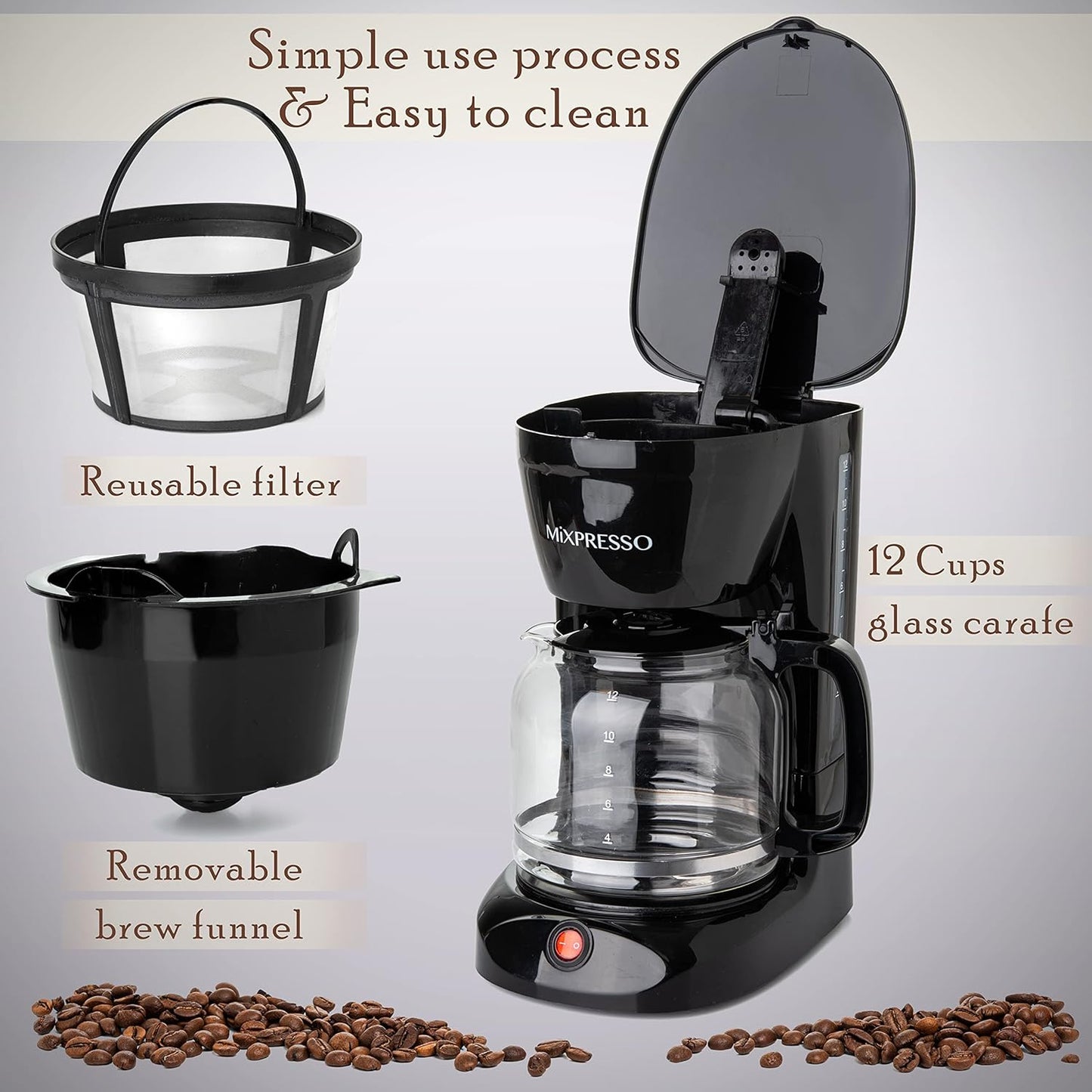 Mixpresso 12 Cup Coffee Pot, Auto-Off & Reusable Filter, Large Drip Coffee Maker 12 Cup Borosilicate Glass Carafe, Anti-Drip Coffee Machine Water Level Window, Black Electric Coffee Maker