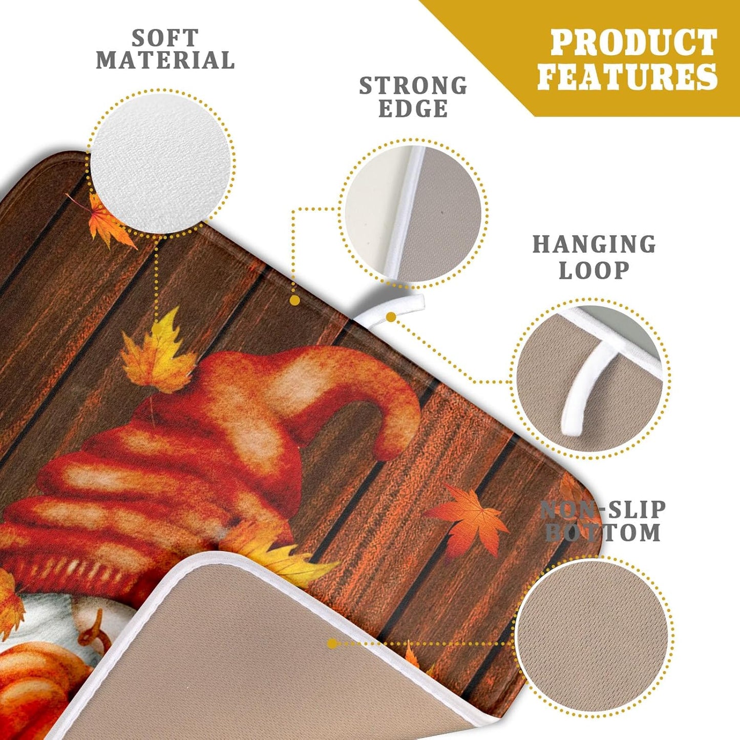 Fall Gnome Dish Drying Mat for Kitchen Counter,Autumn Pumpkin Maple Leaves Drying Mat 16 x 18 Inch Microfiber Dark Brown Wood Dish Drying Pad Dish Rack Drainer Mat Thanksgiving Day Decor