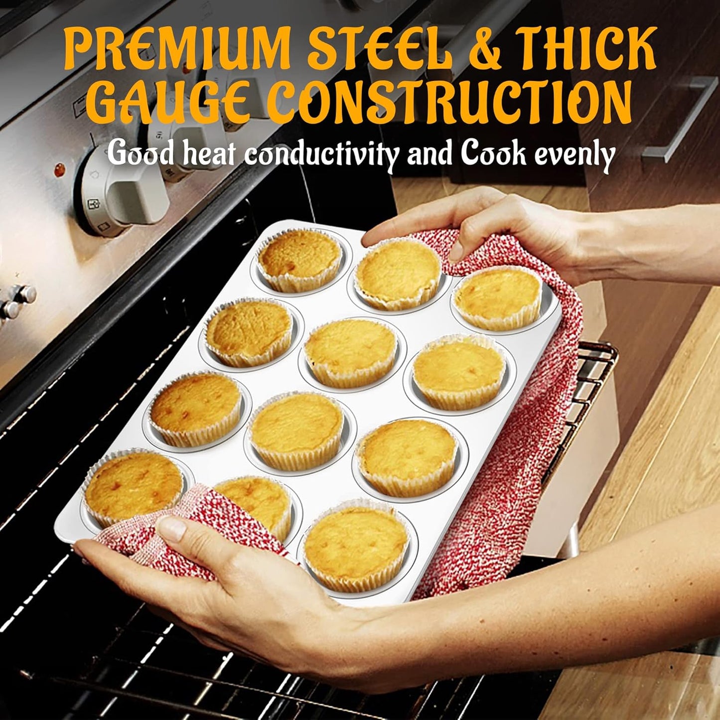 E-far Stainless Steel Muffin Pan Set of 5, 12 Cups Cupcake Pans Tins for Baking, Non-Toxic Metal Muffin Tray Molds for Small Mini Cupcake, Heavy Duty & Regular Size, Rust Free & Dishwasher Safe