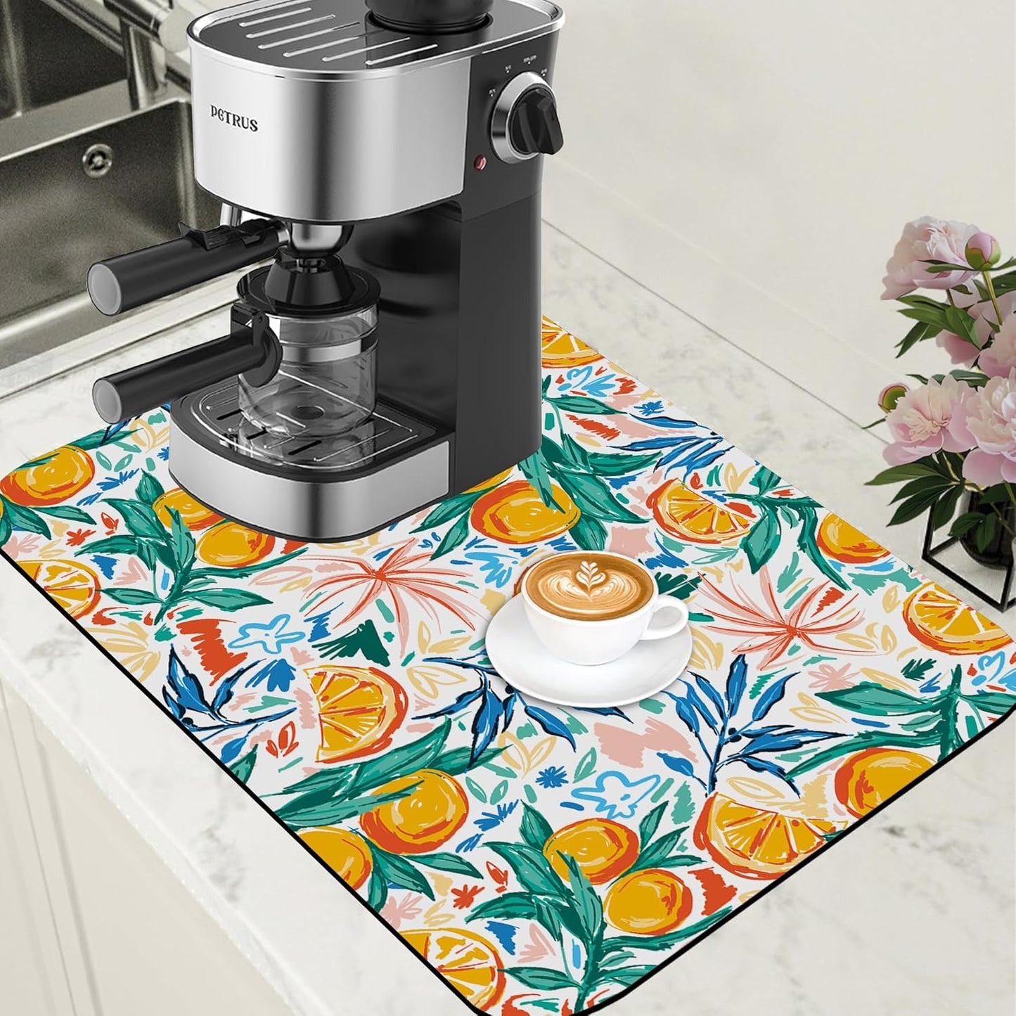 Dish Drying Mat Fruit Orange and Leaves Coffee Bar Mat for Countertop Absorbent Coffee Mat Rubber Backed Hide Stain Dish Drainer Rack Mat Coffee Maker Coffee Pot Dining Room Decor 15.7 x 23.6 Inch