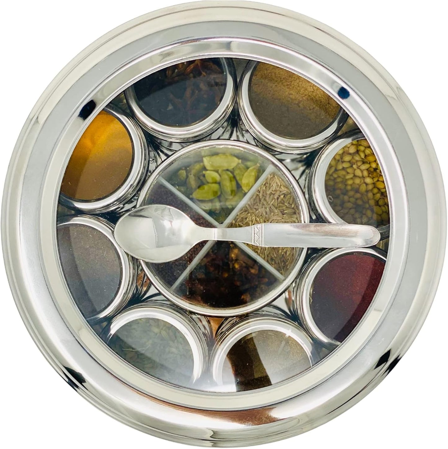 spice dabba Stainless Steel Indian Spice Box, Steel Masala Dabba 12 Spices, Lid Spice Box, Authentic Spices, Masala Box with Individual containers | Size 9 x 9 x 3 IN (Indian Spice Box Only)