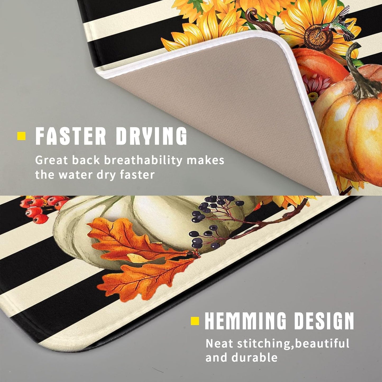 Sunflower Pumpkin Dish Drying Mat for Kitchen Counter,Black and White Stripe Drying Mat 16 x 18 Inch with Absorbent Reversible Microfiber Dish Drying Pad Dish Rack Drainer Mat for Coffee Bar