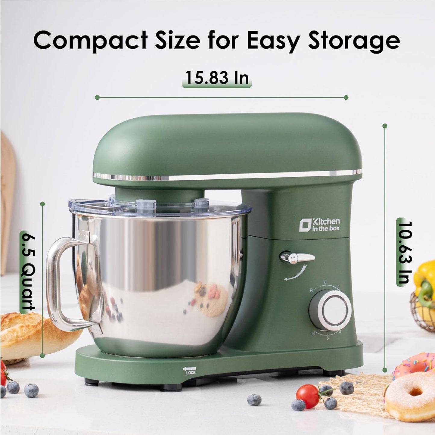 Kitchen in the box Stand Mixer - 6.5 Quart Mixing Bowl with Handle, 900 Watt Powerful Heavy Bread Dough Standing Mixers Tilt-head with Dough Hook, Whisk, Flat Beater and Splash Guard (Green)