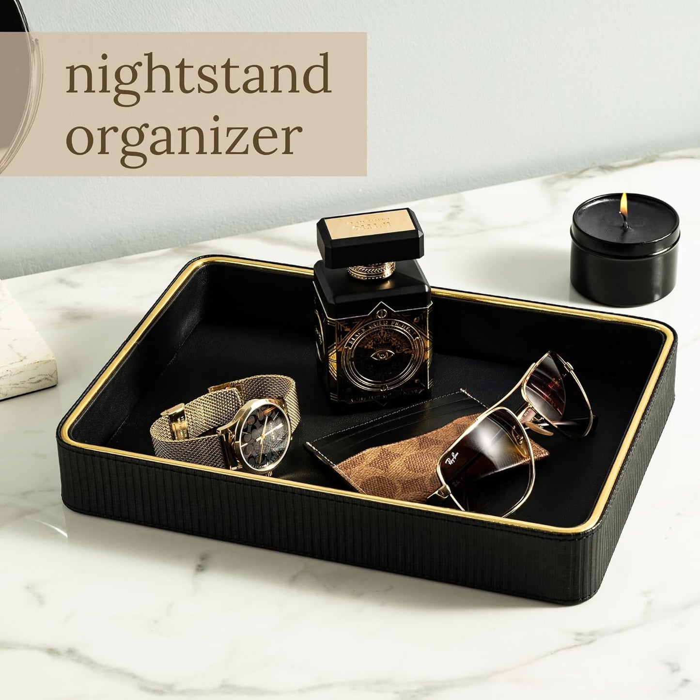 Black Leather Valet Tray for Men| Mens Valet Catch All Trays| Bedside Organizer for Nightstand| Cologne Tray for Men| Desk Trays