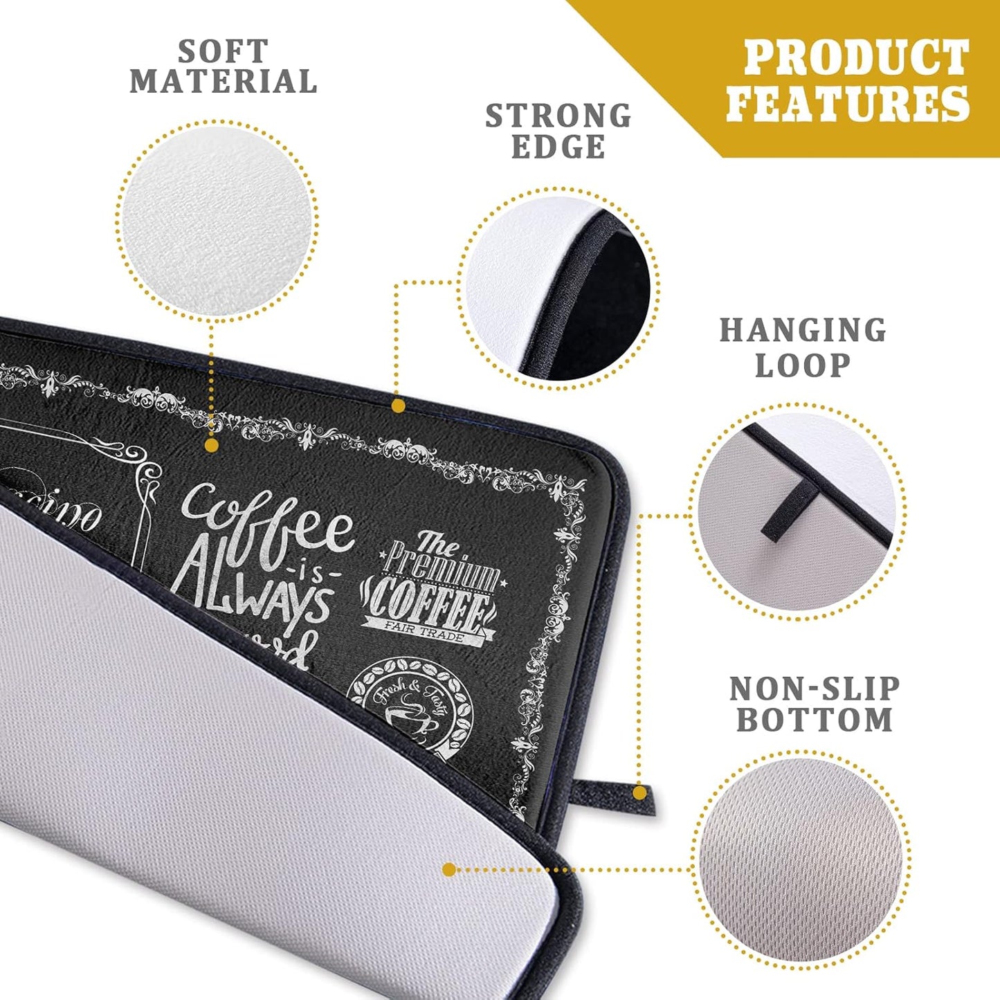 Coffee Bean Maker Dish Drying Mat for Countertops, 18x24 inch Absorbent Microfiber Espresso Cup Spill Mats Black Machine Drainer Mat Dish Drainer Rack Mat Protector Kitchen Accessories Bar Time Chef